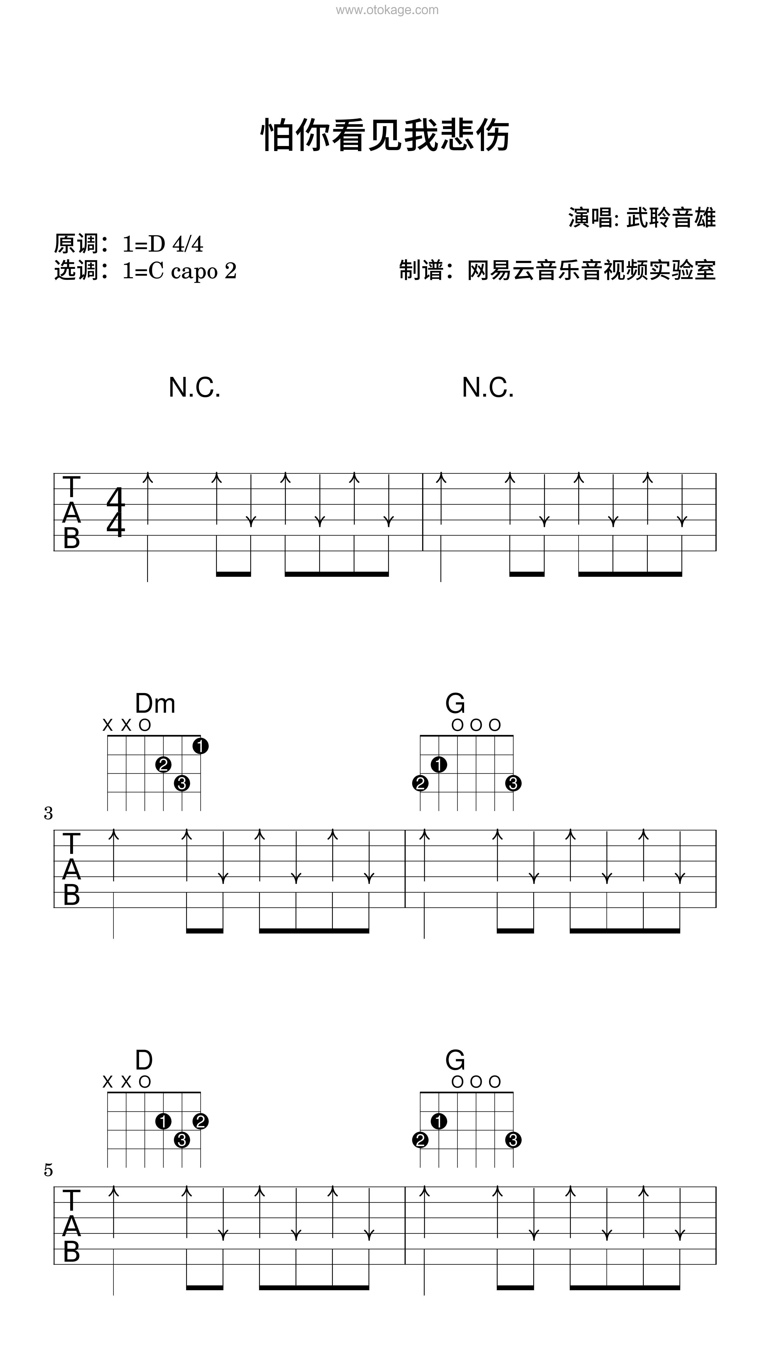 武聆音雄《怕你看见我悲伤吉他谱》D调_音符美得令人陶醉