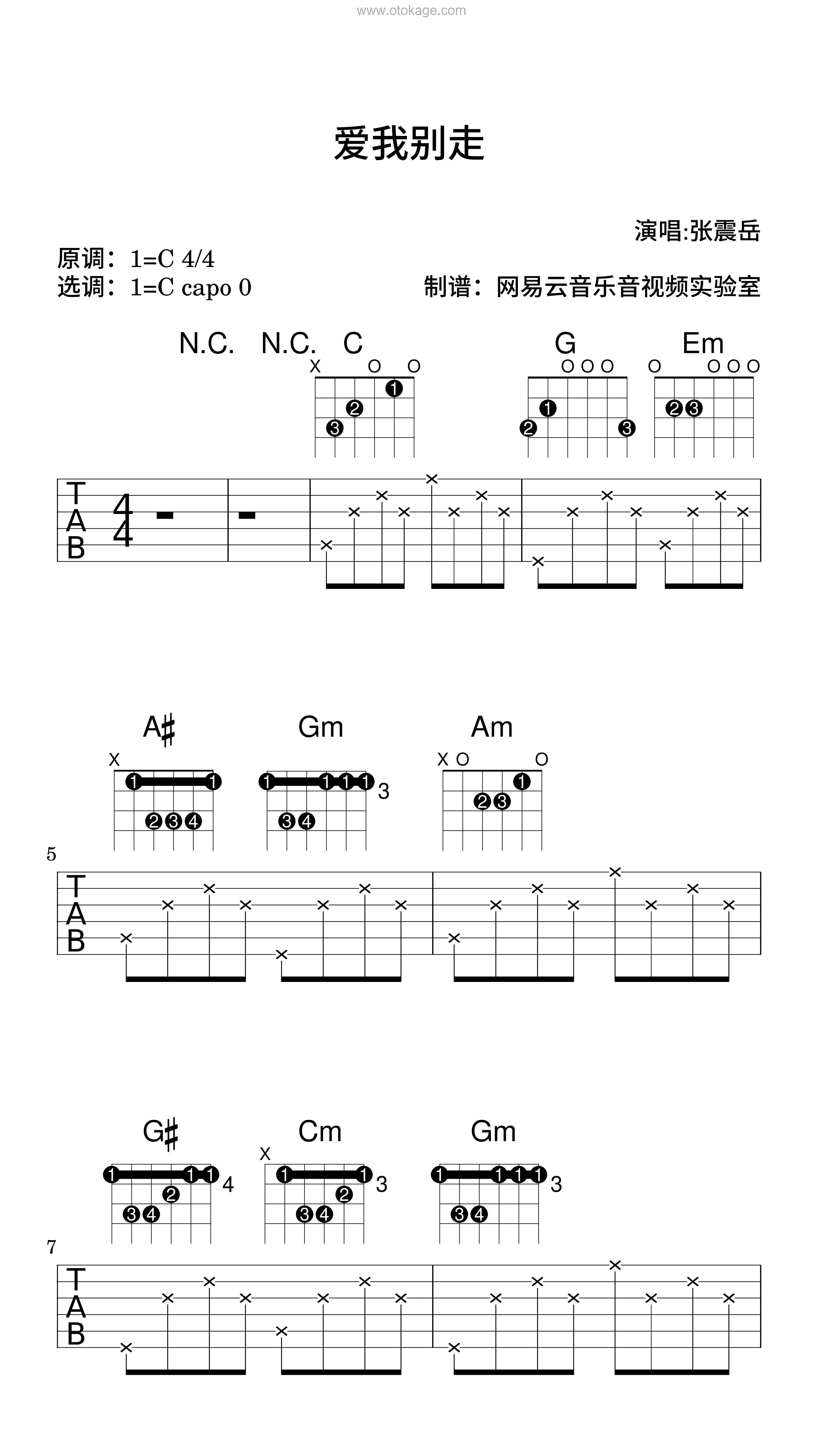 张震岳《爱我别走吉他谱》C调_完美的音乐细节