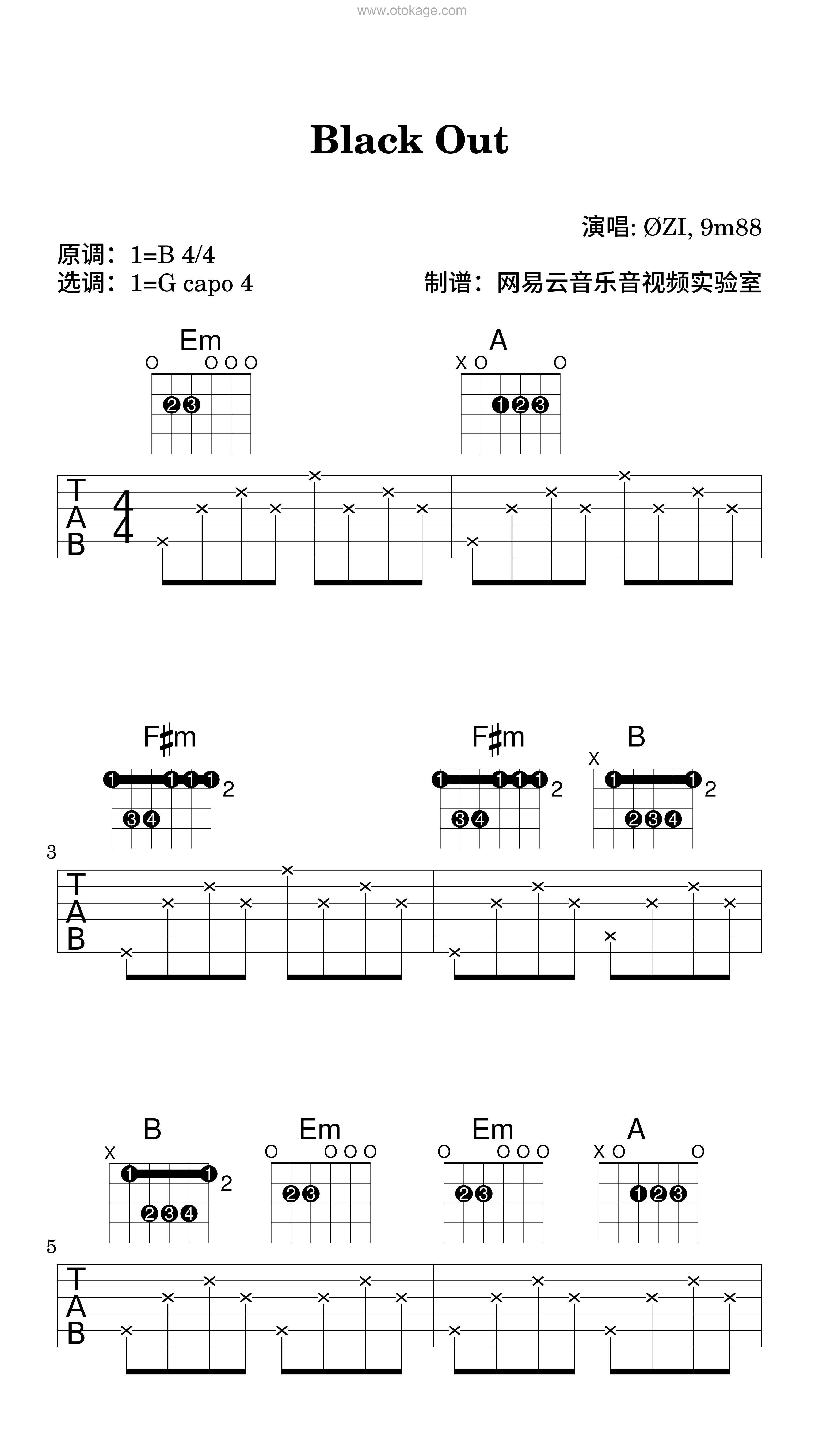 ØZI,9m88《Black Out吉他谱》B调_旋律自然流畅