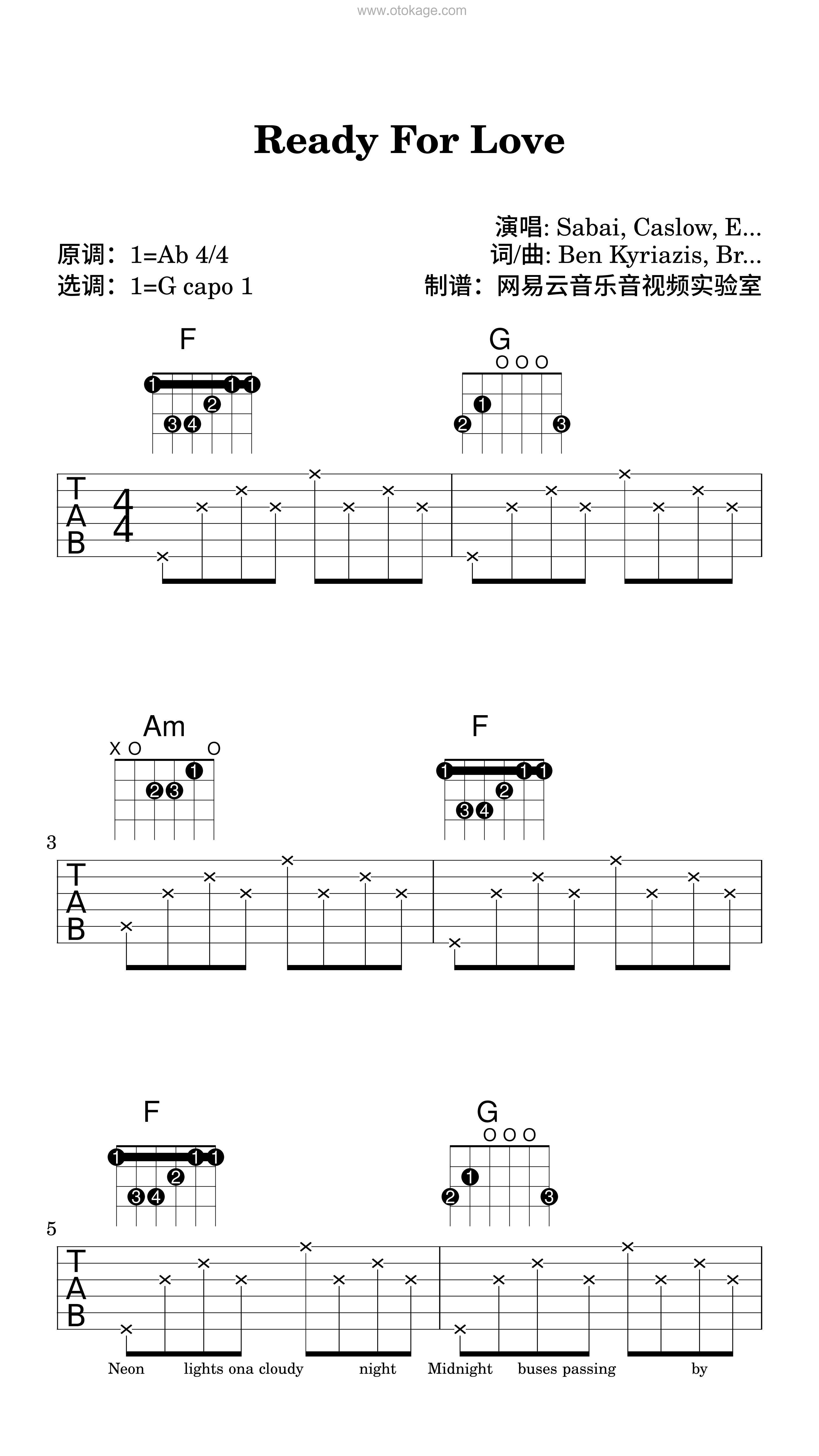 SABAI,Caslow《Ready For Love吉他谱》降A调_音符串联情感