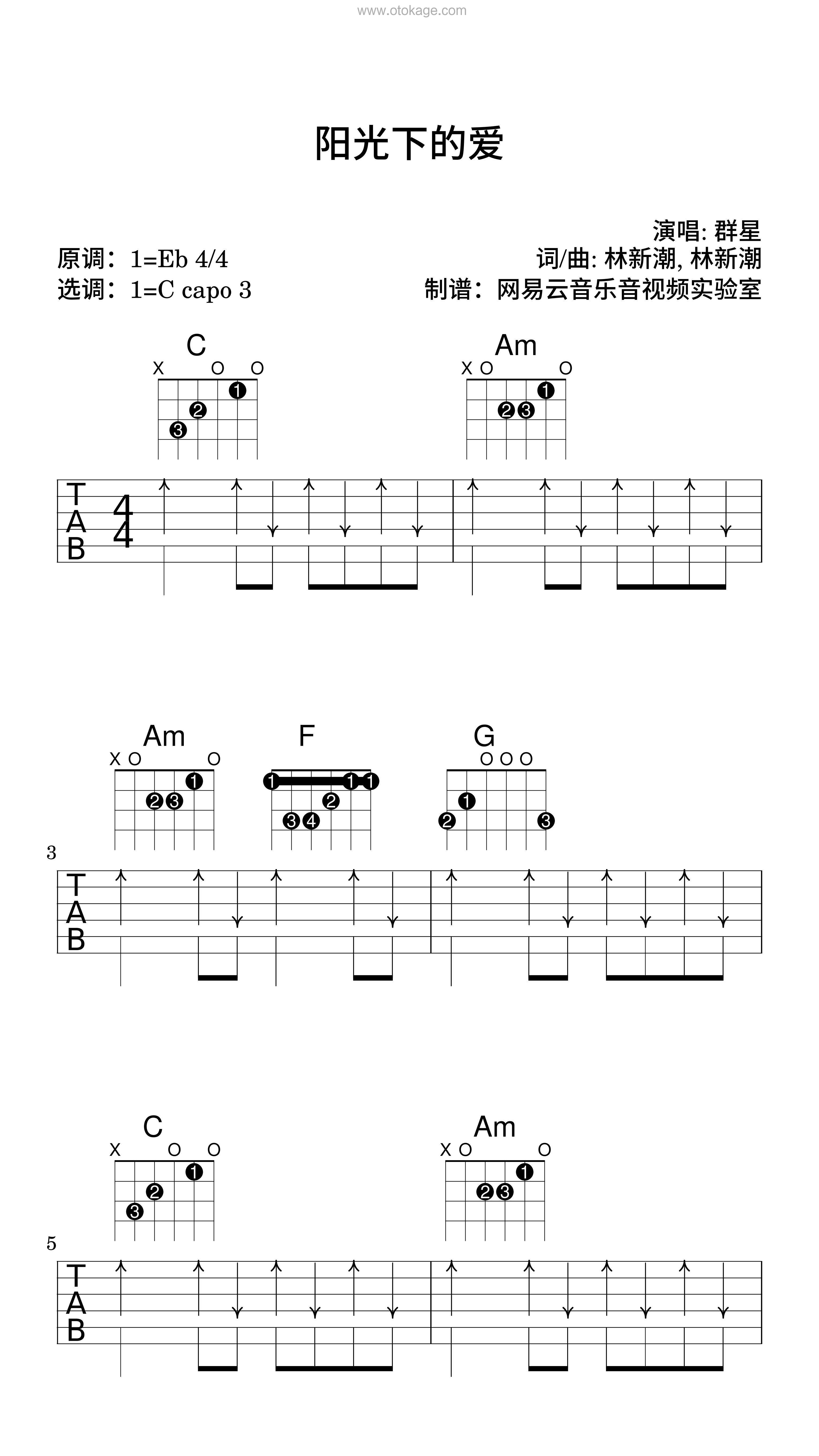 群星《阳光下的爱吉他谱》降E调_编排美轮美奂