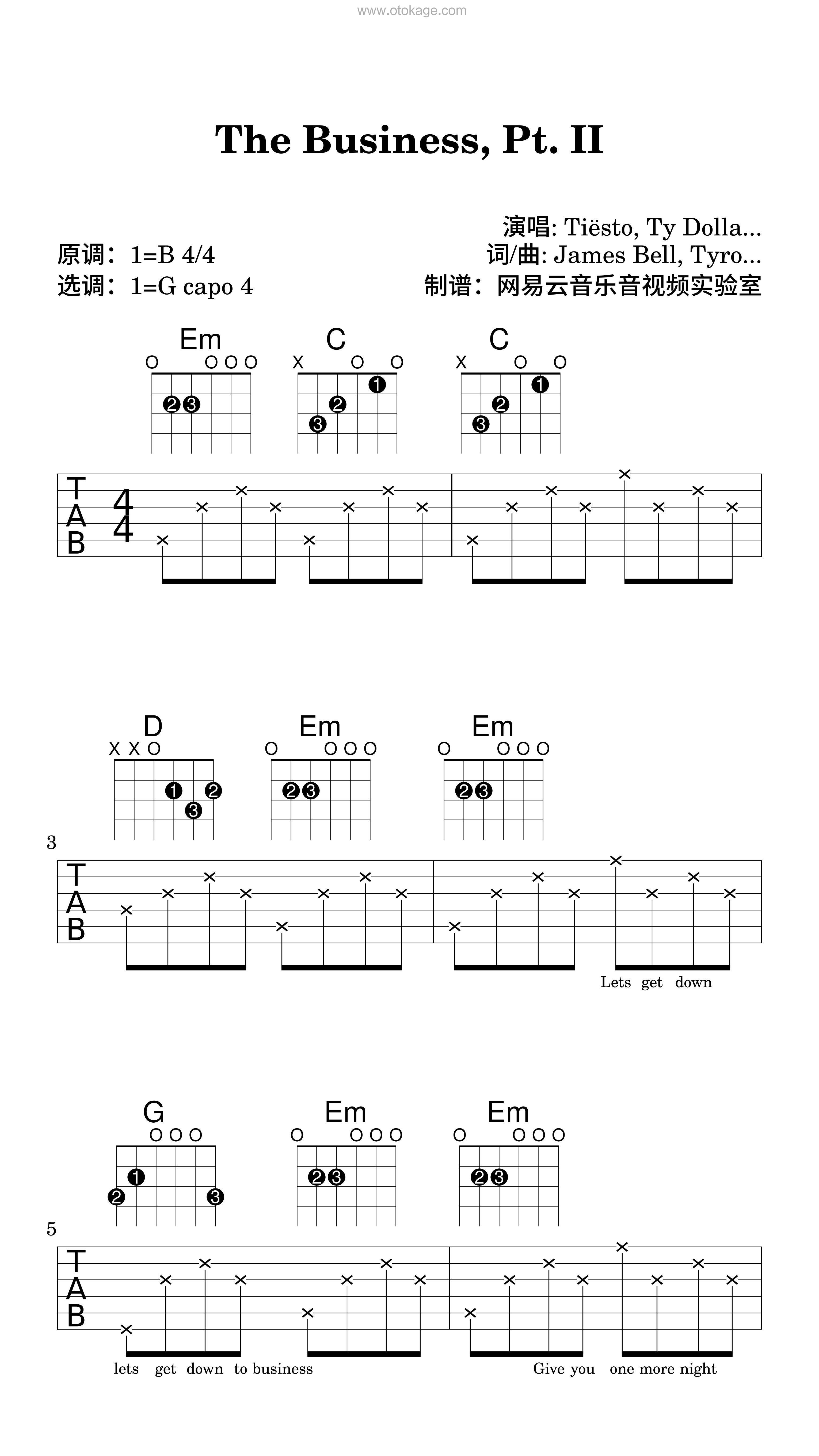 Tiësto,Ty Dolla $ign《The Business, Pt. II吉他谱》B调_编排美轮美奂