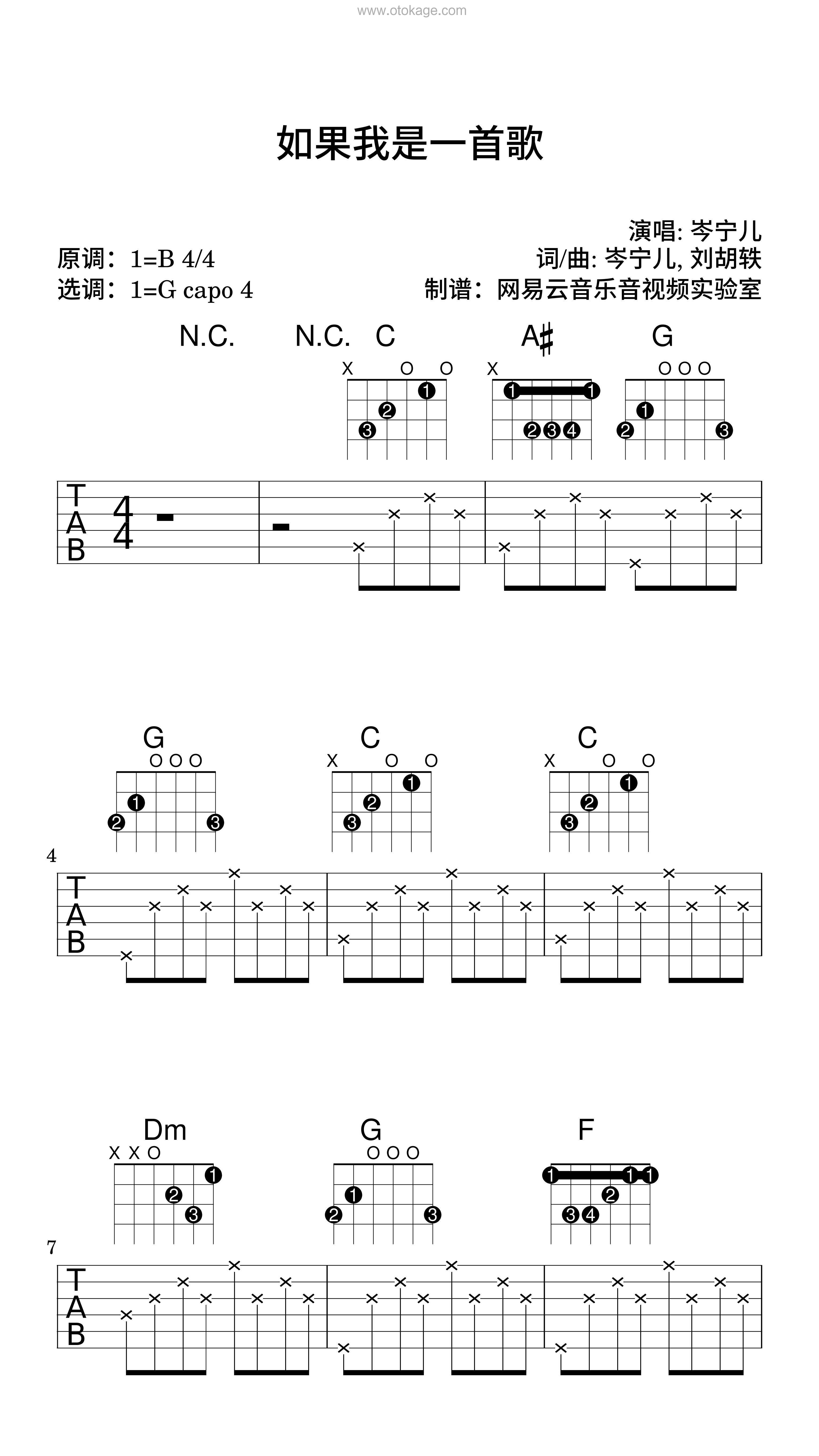 岑宁儿《如果我是一首歌吉他谱》B调_音符美得令人陶醉