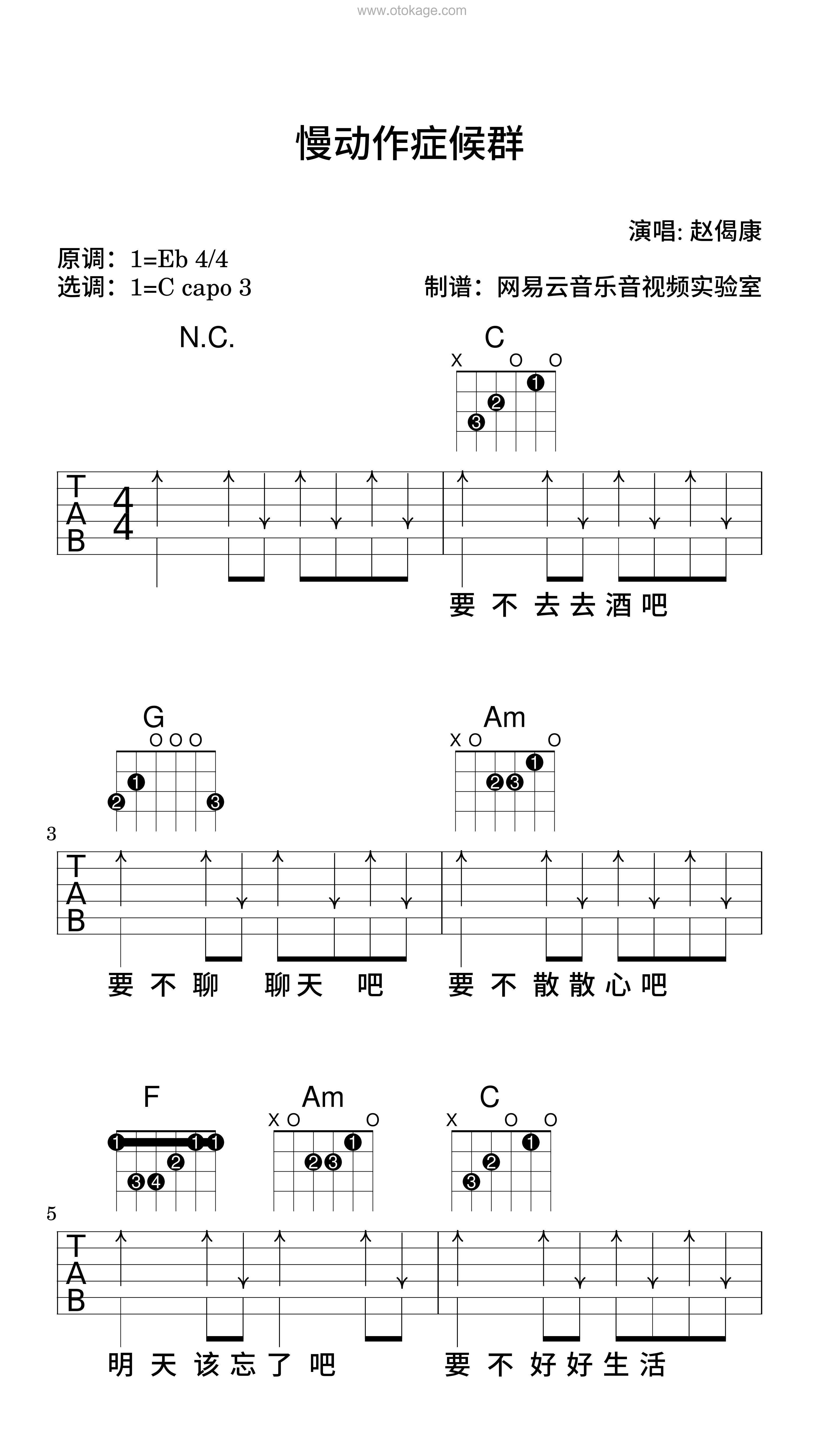 赵偈康《慢动作症候群吉他谱》降E调_音色柔和迷人