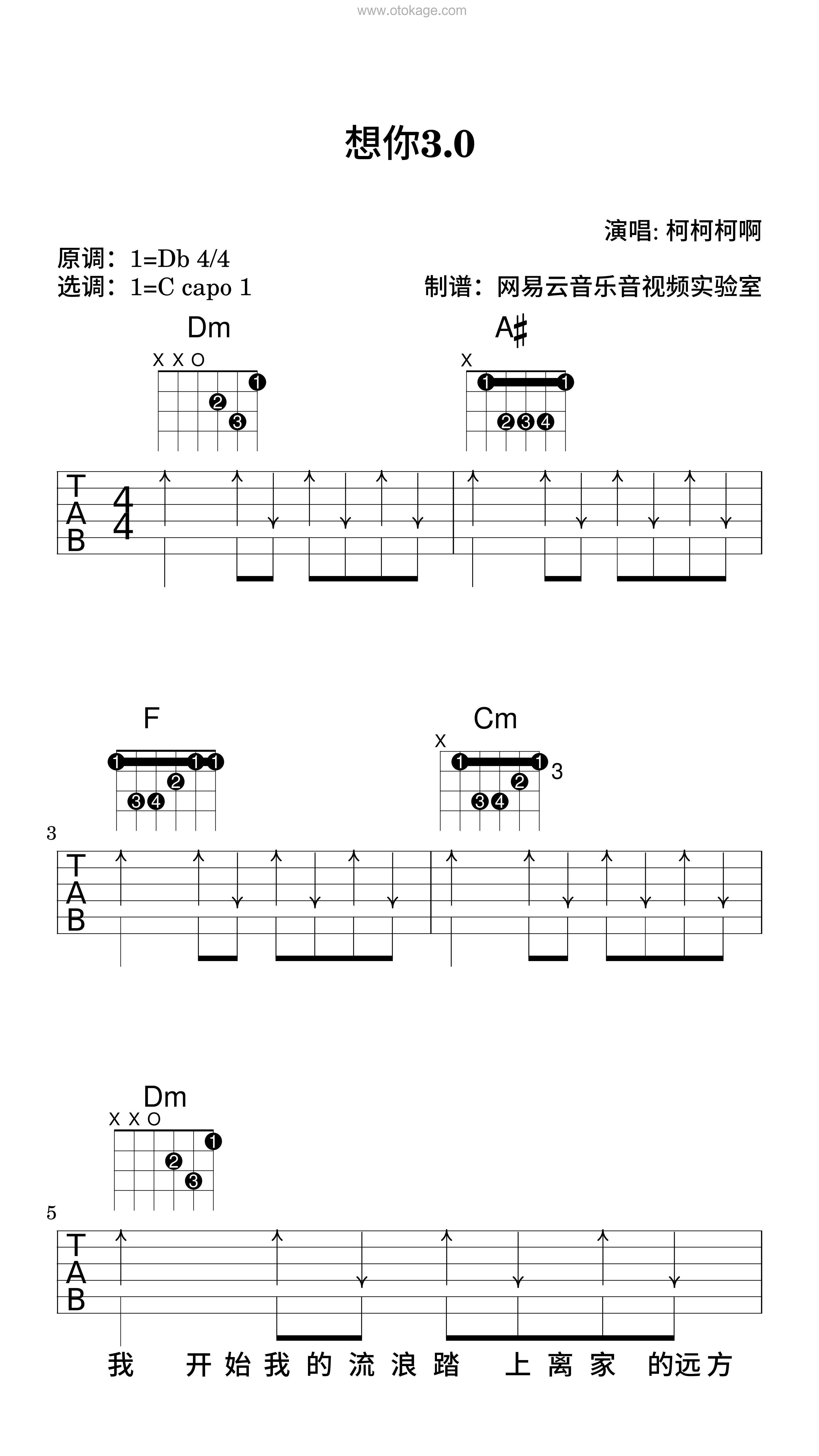 柯柯柯啊《想你3.0吉他谱》降D调_简洁而不简单