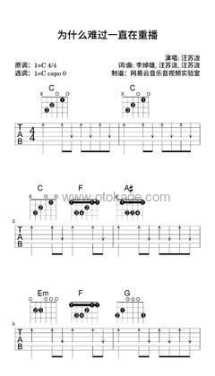 汪苏泷《为什么难过一直在重播吉他谱》C调_节奏舒缓而温柔