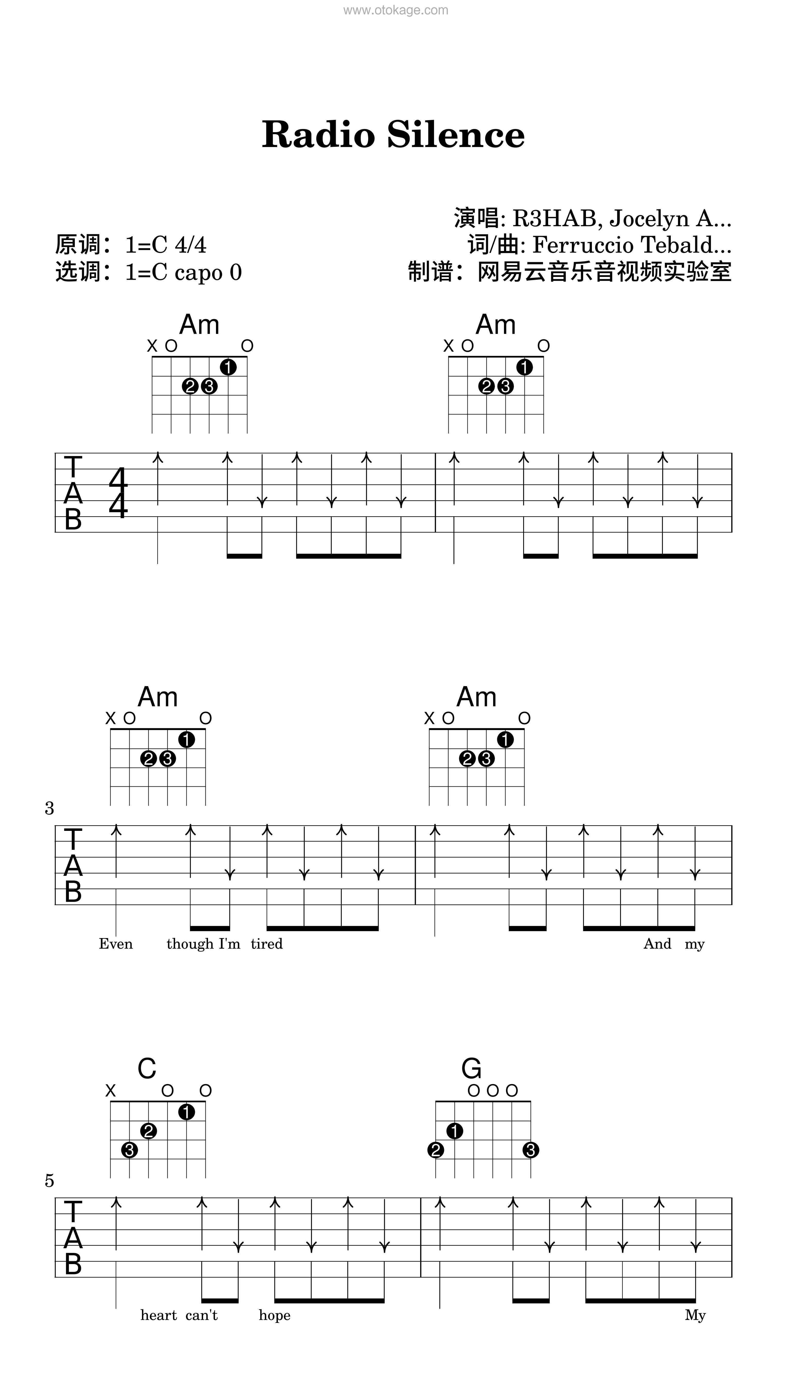 R3HAB,Jocelyn Alice《Radio Silence吉他谱》C调_旋律流畅自然