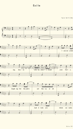 Taylor Swift,Bon Iver《exile钢琴谱》降G调_音符轻盈跳动