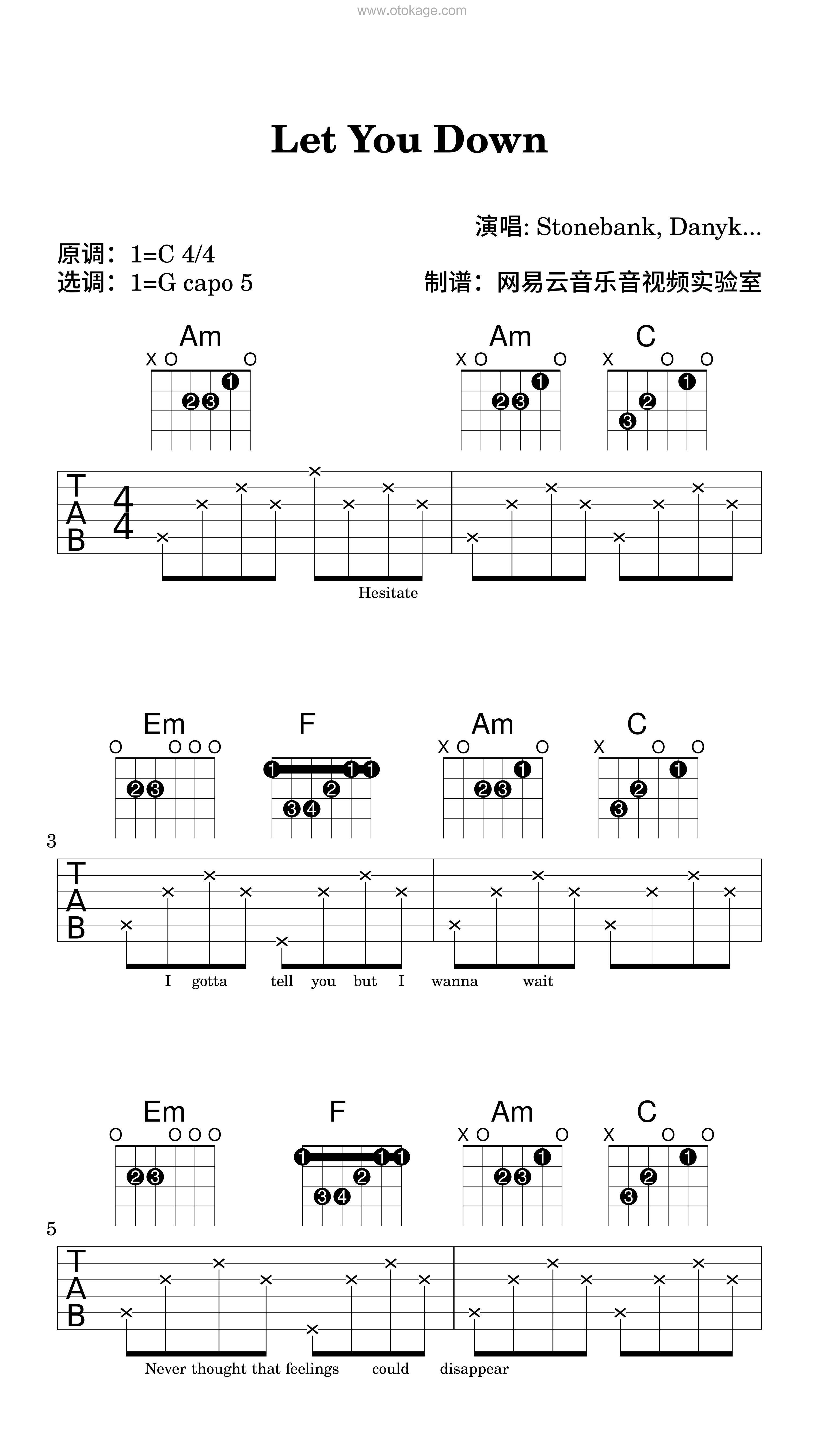 Stonebank,Danyka Nadeau《Let You Down吉他谱》C调_编排富有层次感