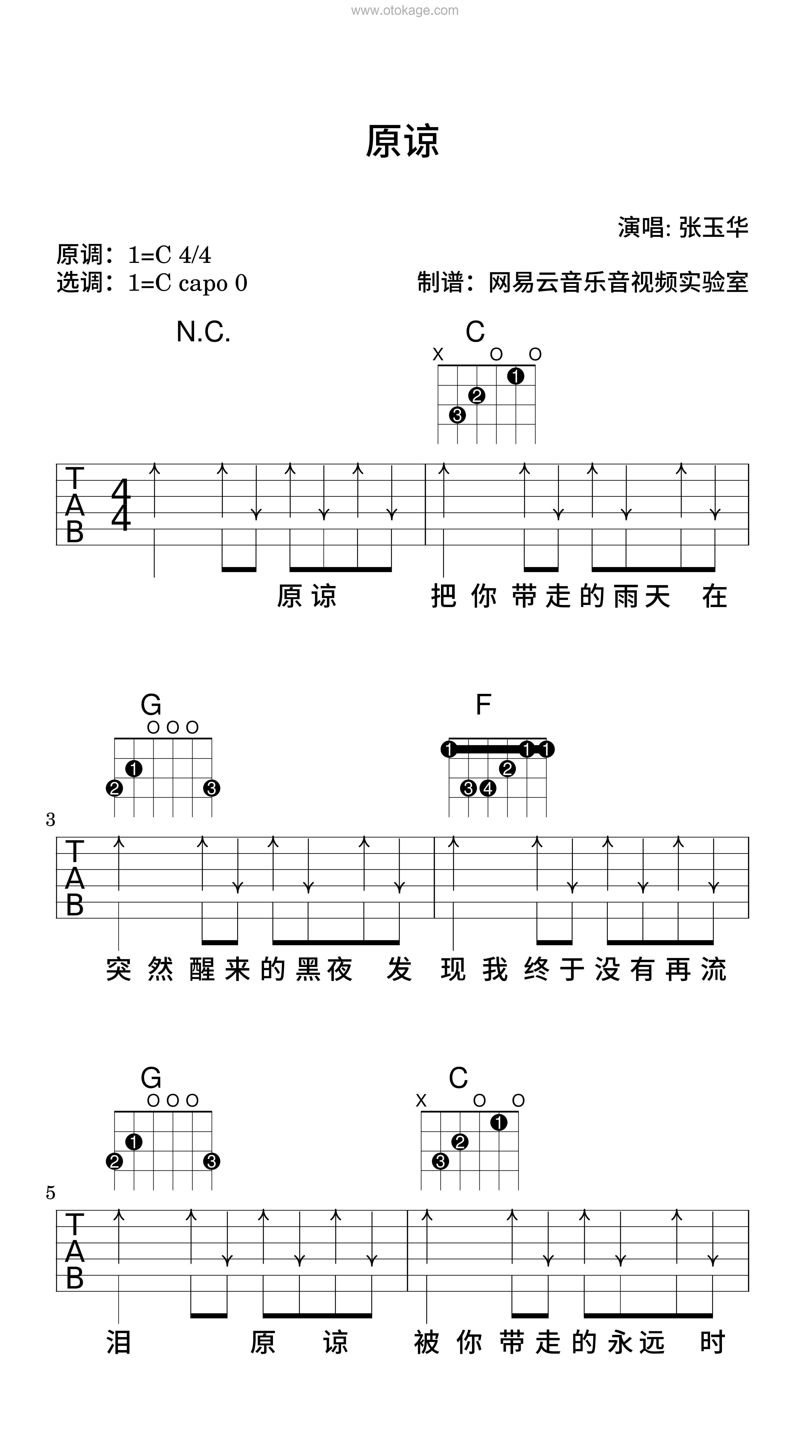 张玉华《原谅吉他谱》C调_完美旋律设计