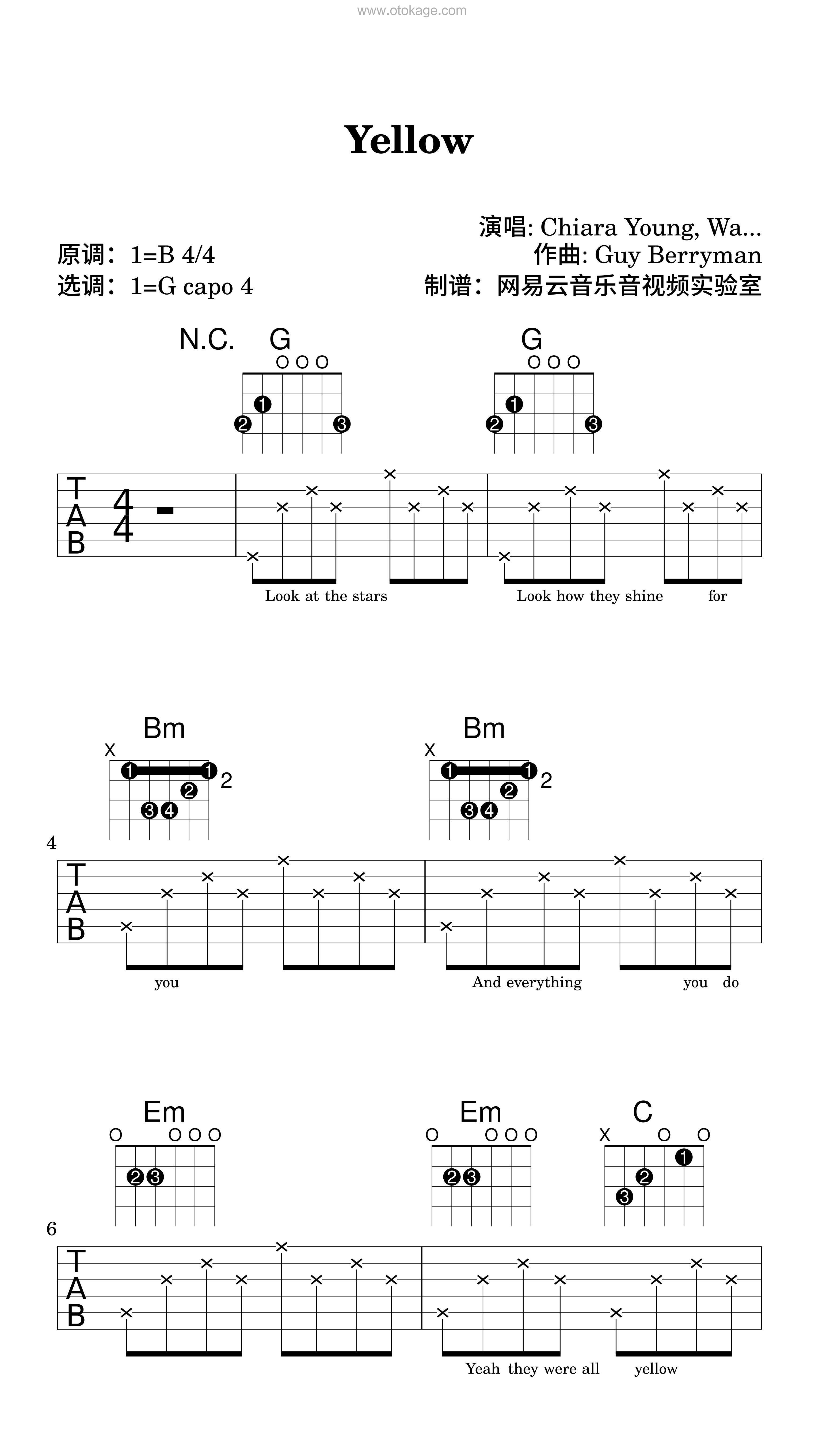 Chiara Young,Walk off the Earth《Yellow吉他谱》B调_编配精致感人