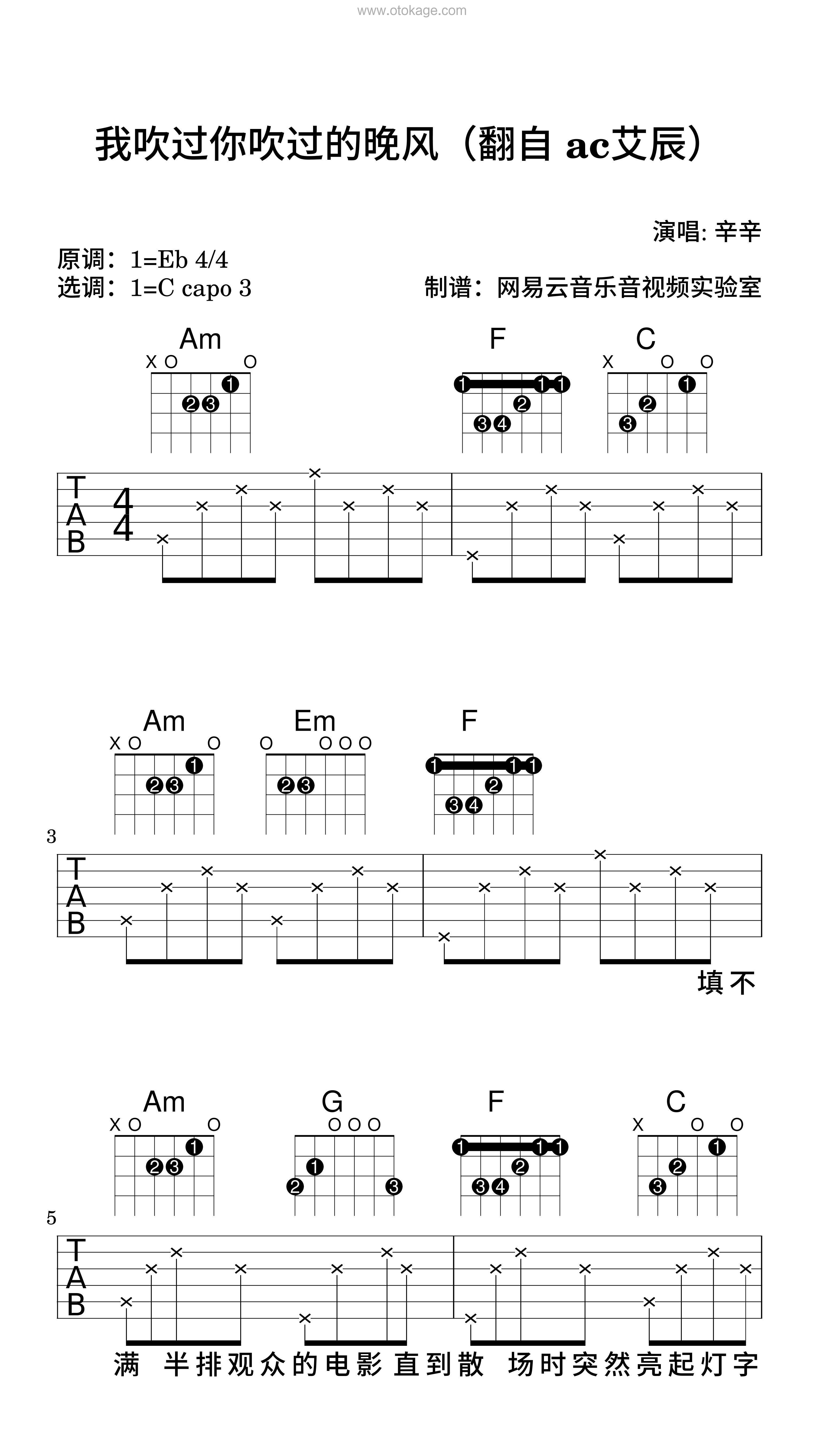 辛辛《我吹过你吹过的晚风（翻自 ac艾辰）吉他谱》降E调_编配层次分明