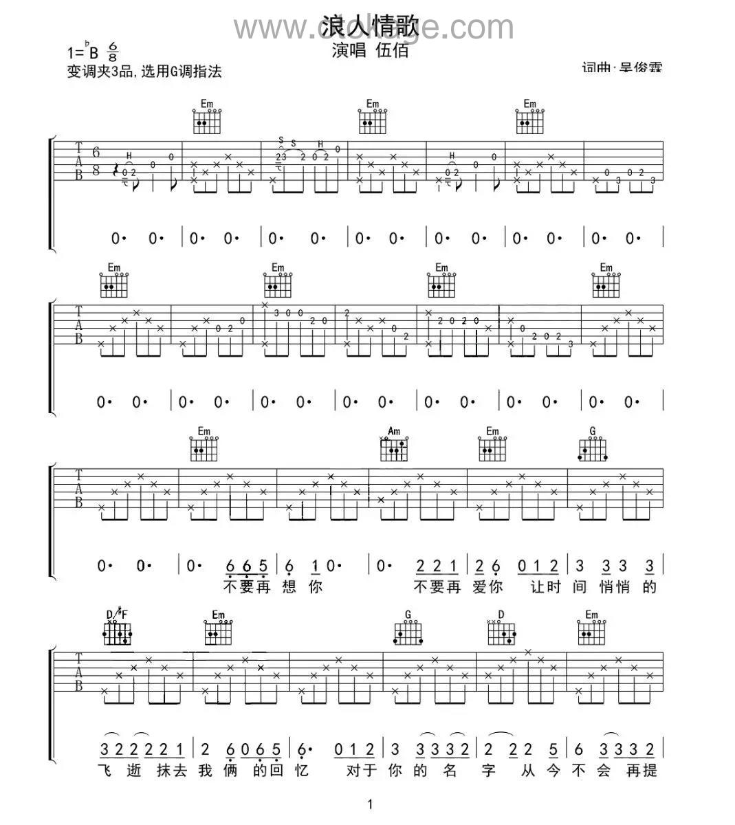 伍佰《浪人情歌吉他谱》B调_节奏充满活力