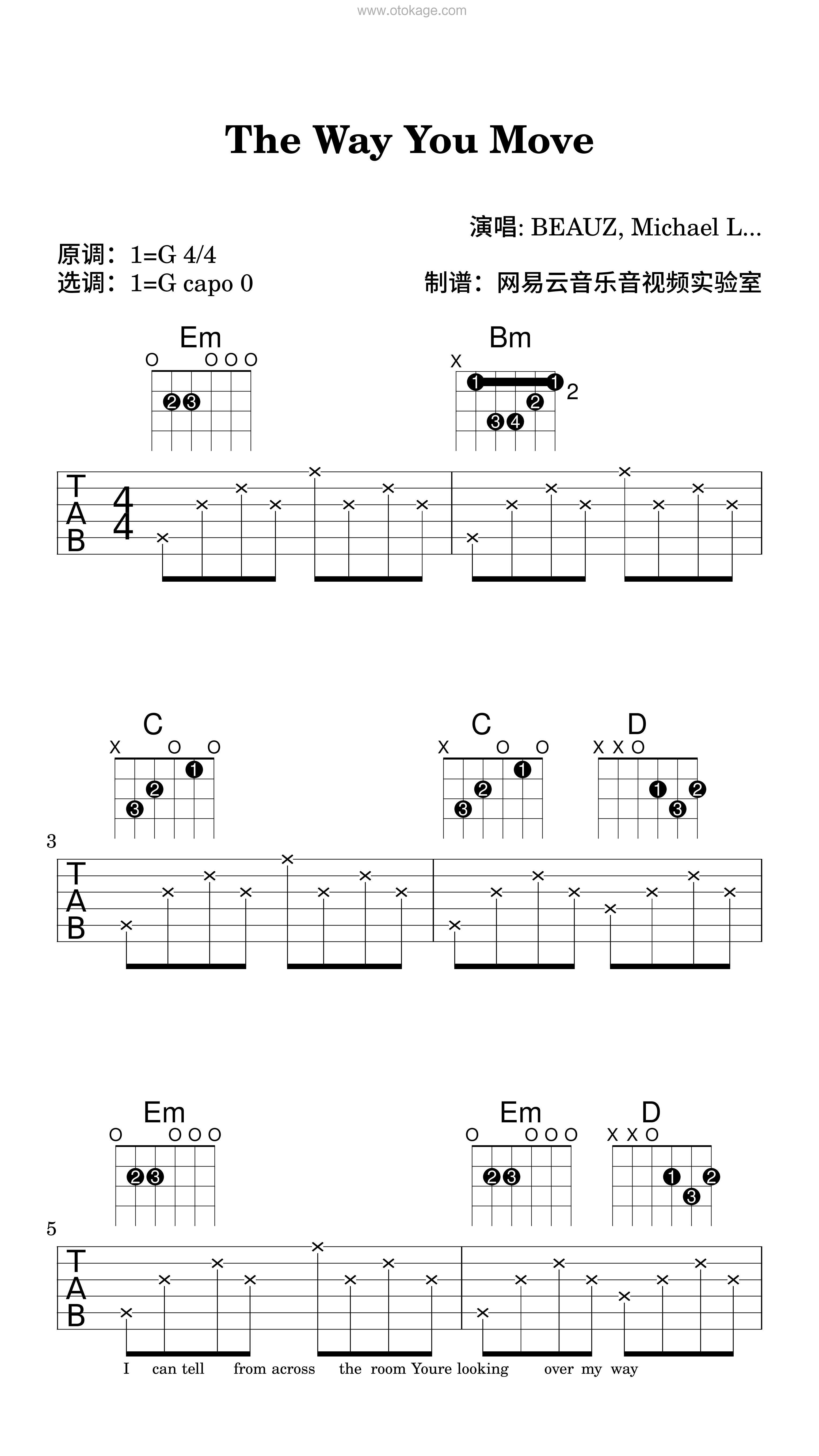 BEAUZ,Michael Lanza《The Way You Move吉他谱》G调_节奏张弛有度