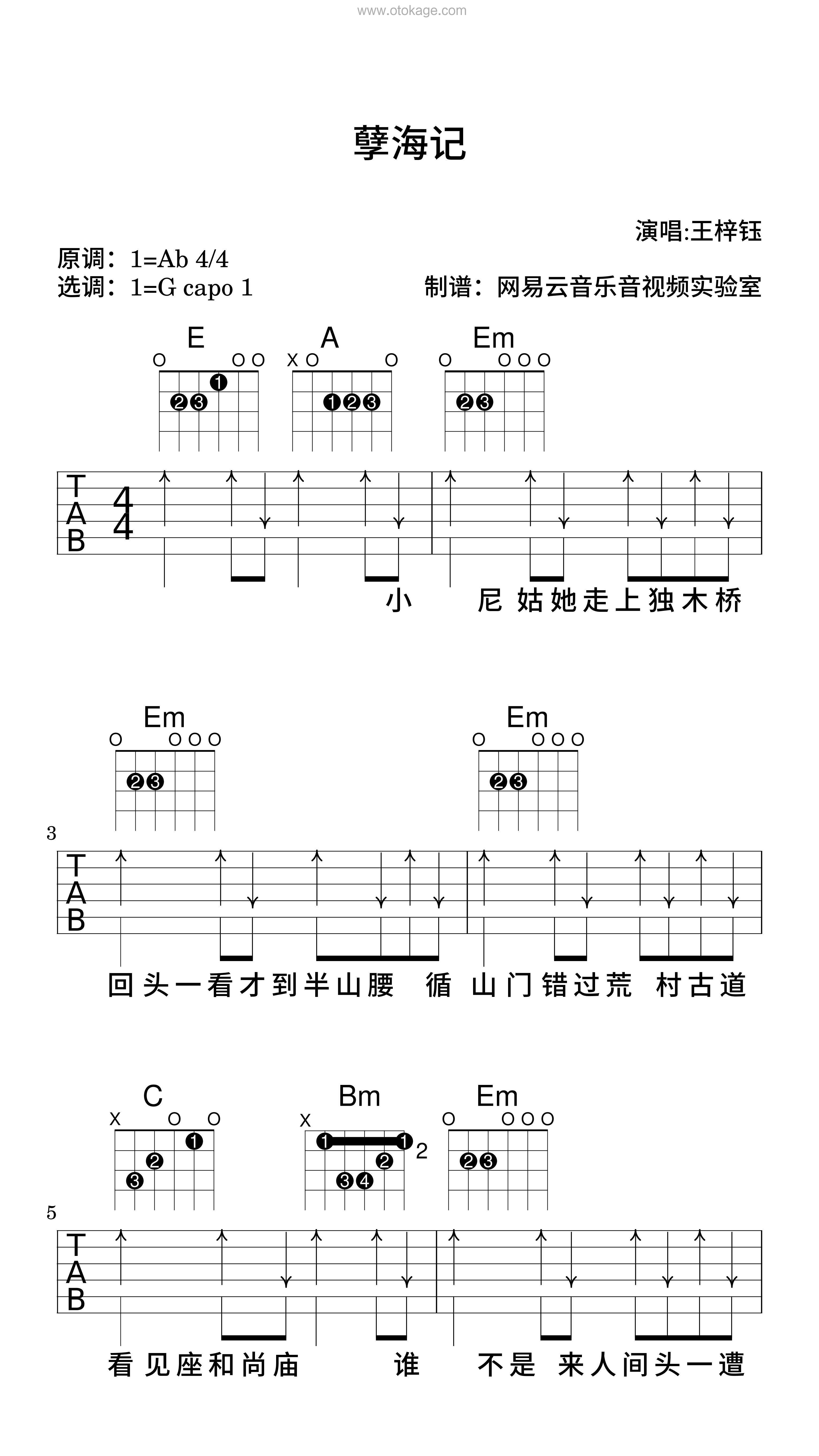 王梓钰《孽海记吉他谱》降A调_令人难忘的和声