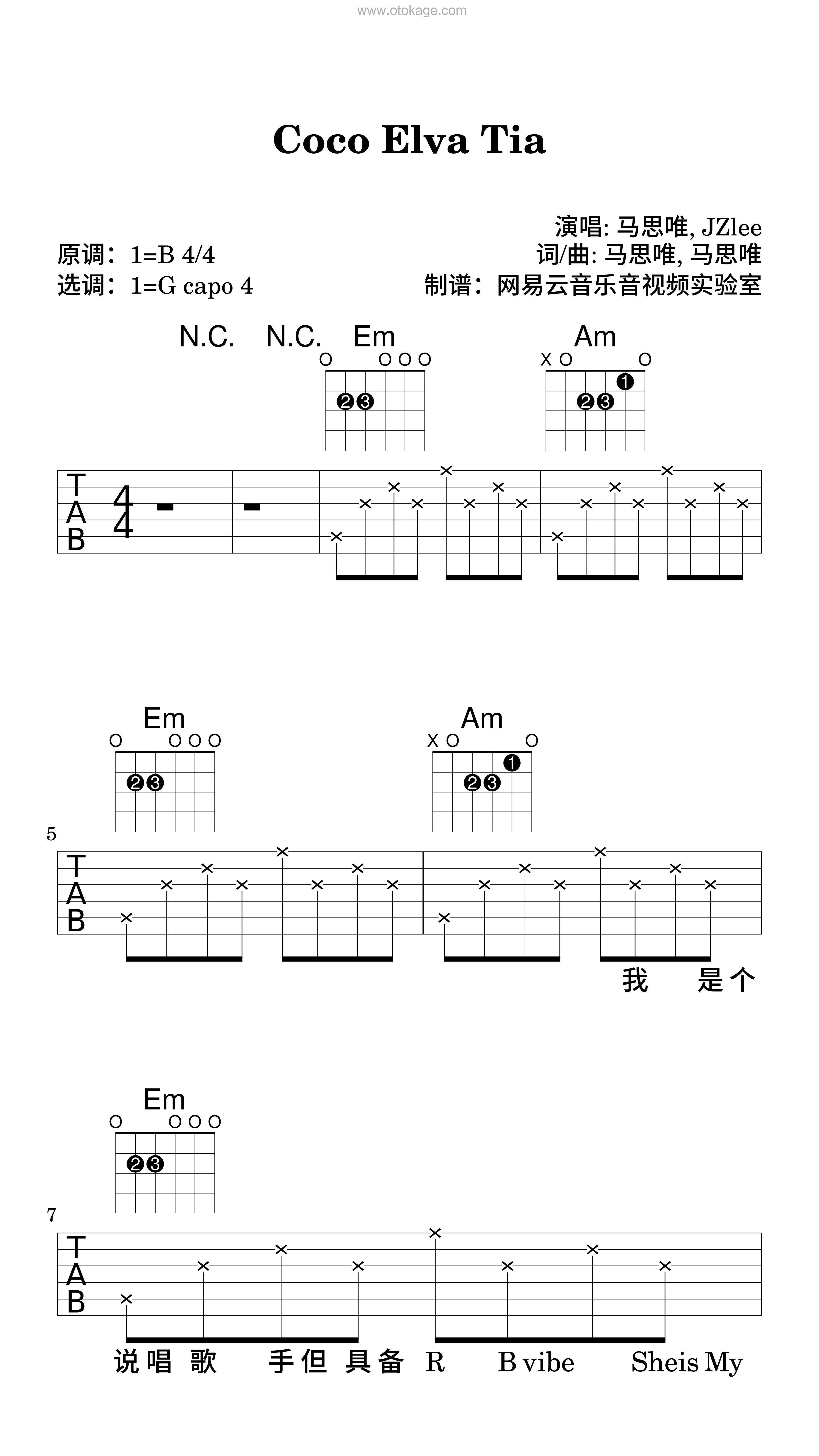马思唯,JZlee《Coco Elva Tia吉他谱》B调_旋律抚慰心灵