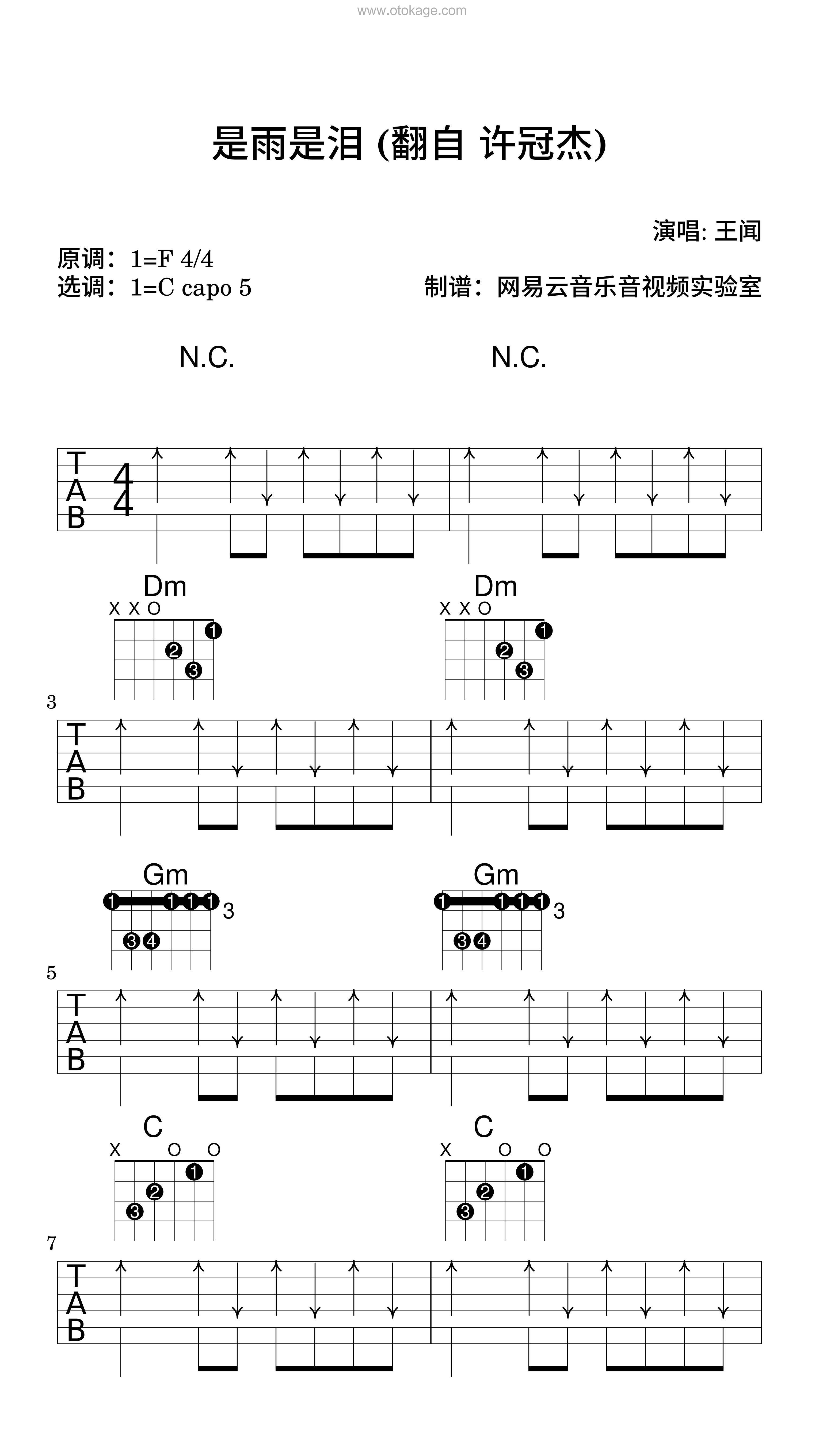 王闻《是雨是泪 (翻自 许冠杰)吉他谱》F调_音符与情感共鸣