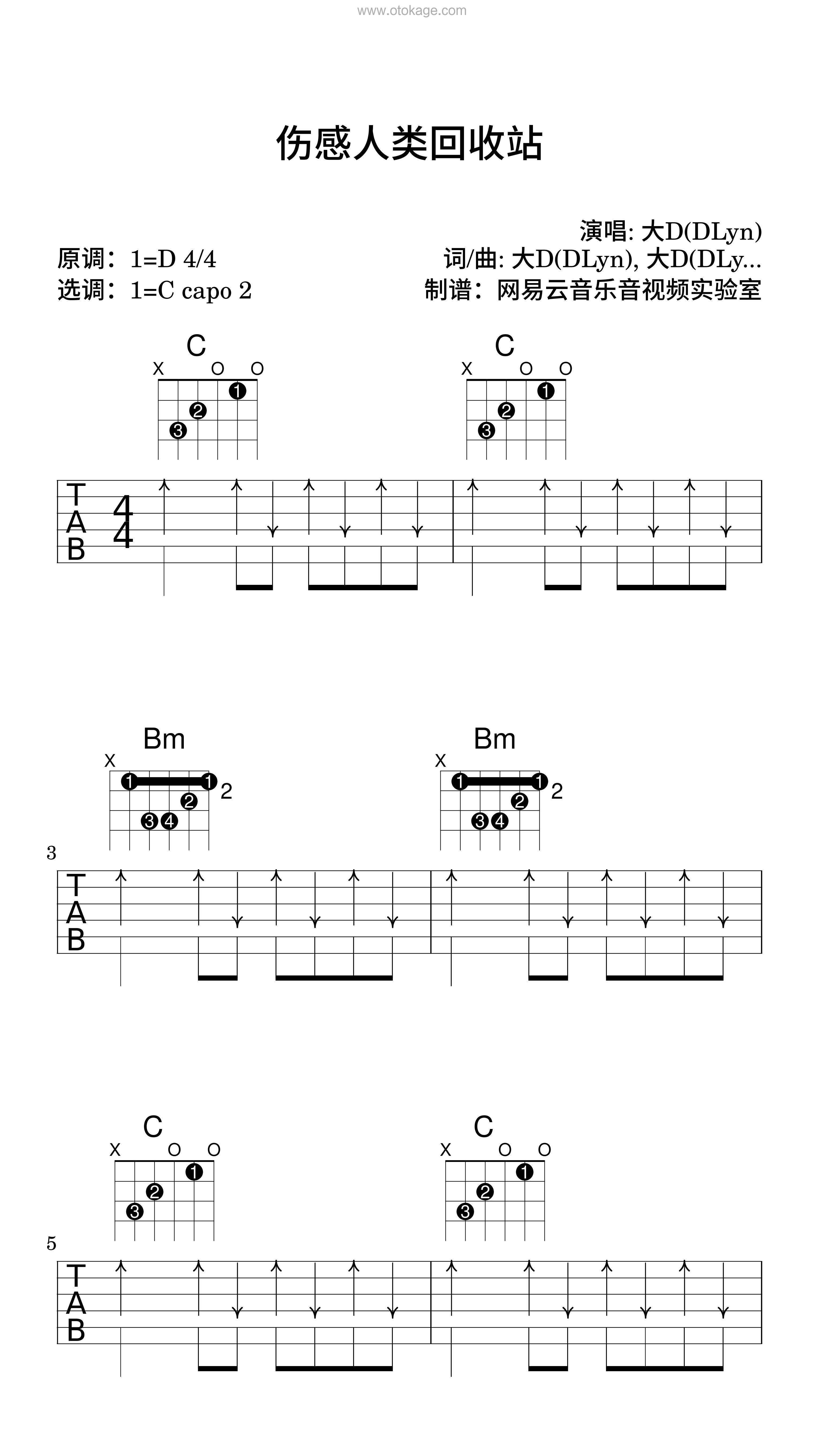 大D(DLyn)《伤感人类回收站吉他谱》D调_编排富有层次感