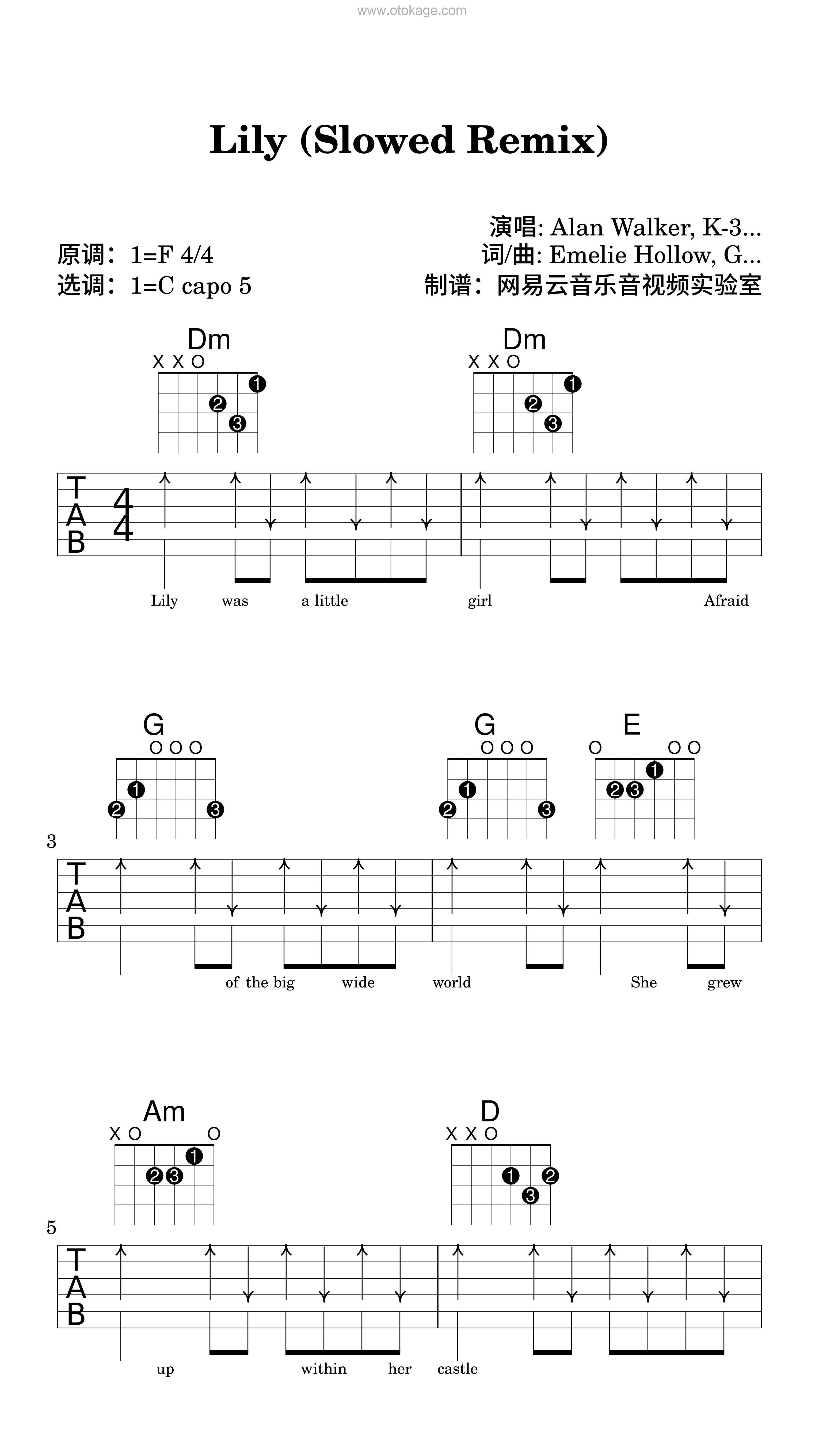 Alan Walker,K-391《Lily (Slowed Remix)吉他谱》F调_编曲简洁动人
