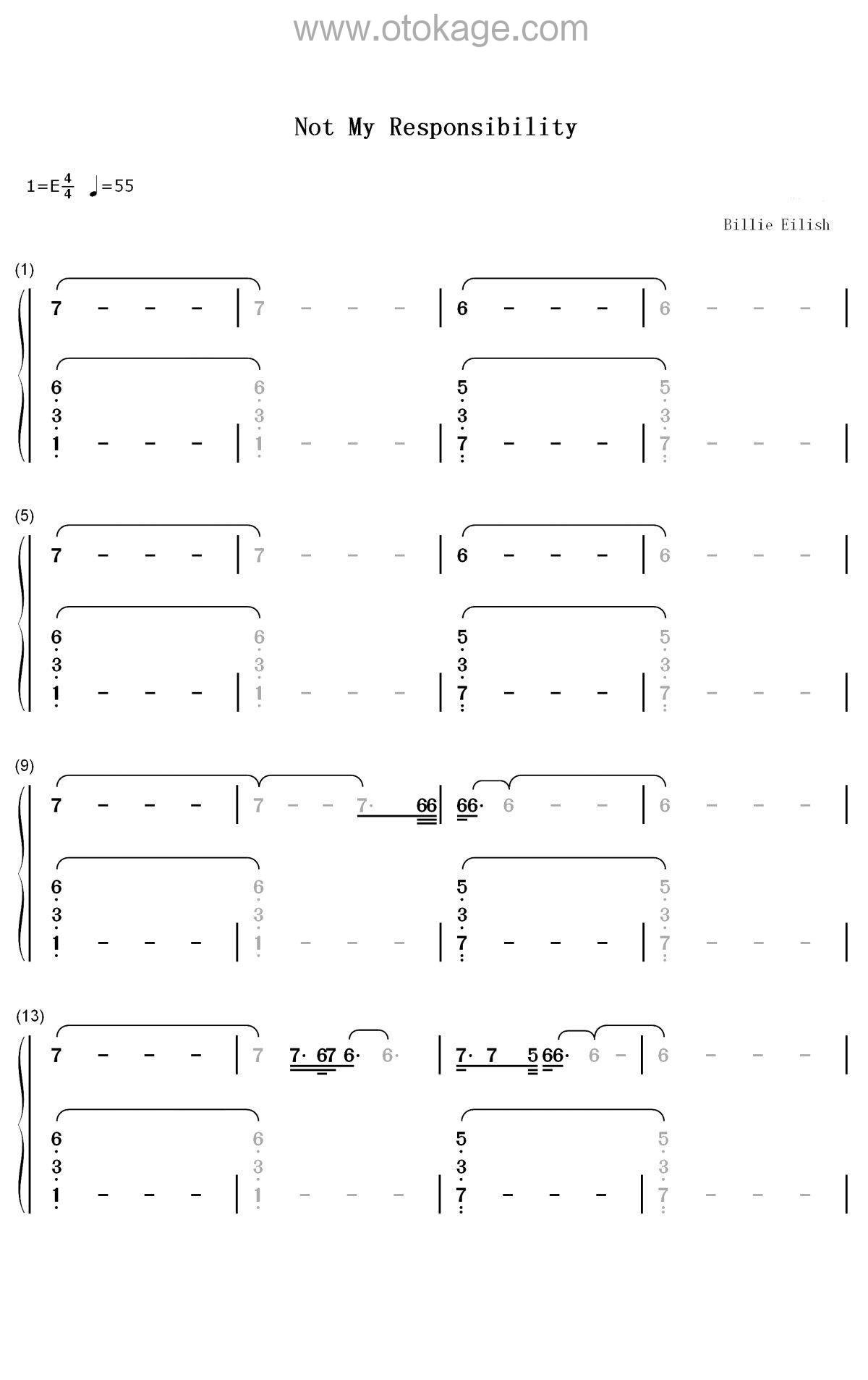 Billie Eilish《Not My Responsibility钢琴谱》升E调_旋律空灵飘逸