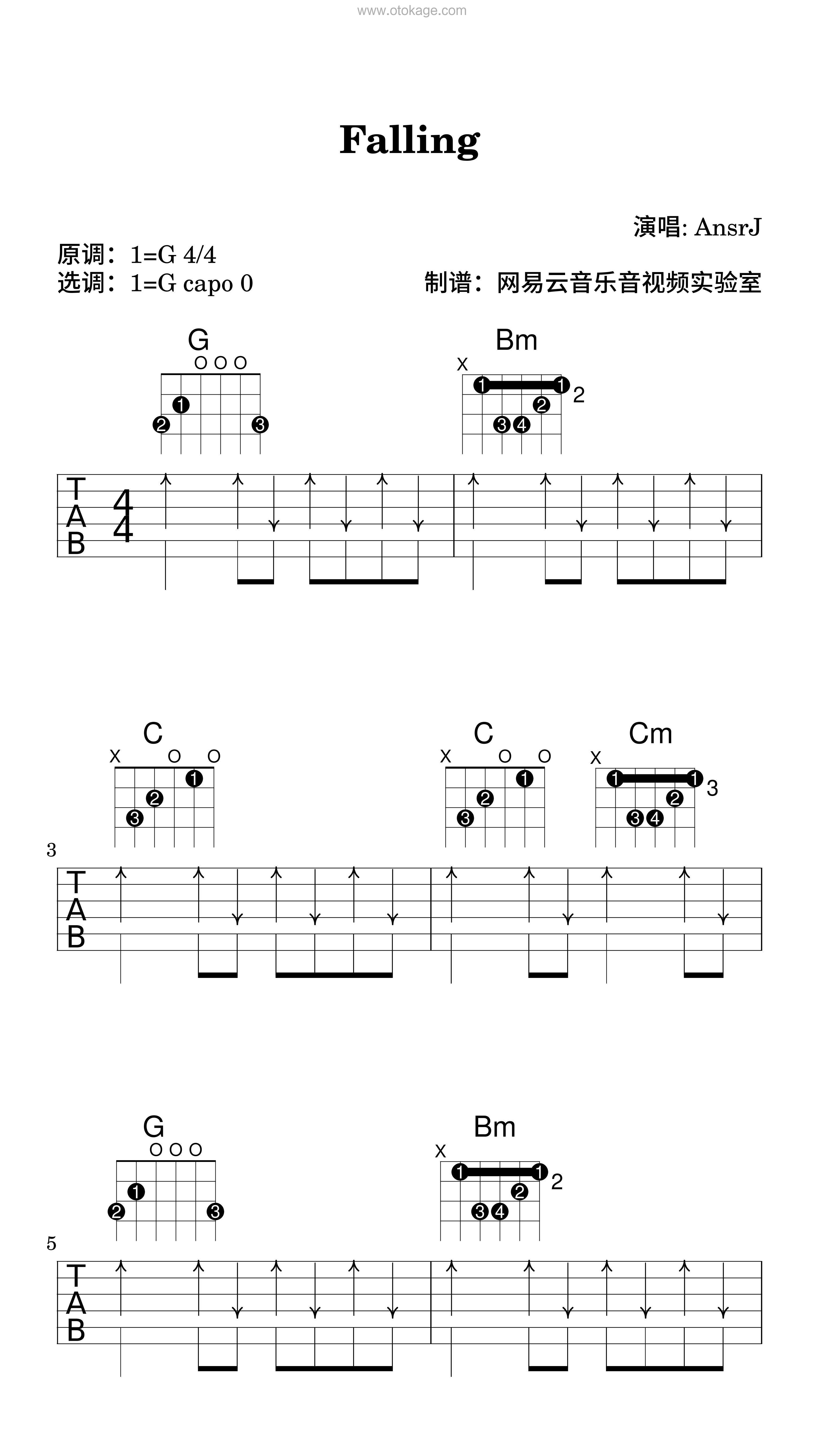 AnsrJ《Falling吉他谱》G调_音符带着感情跳动