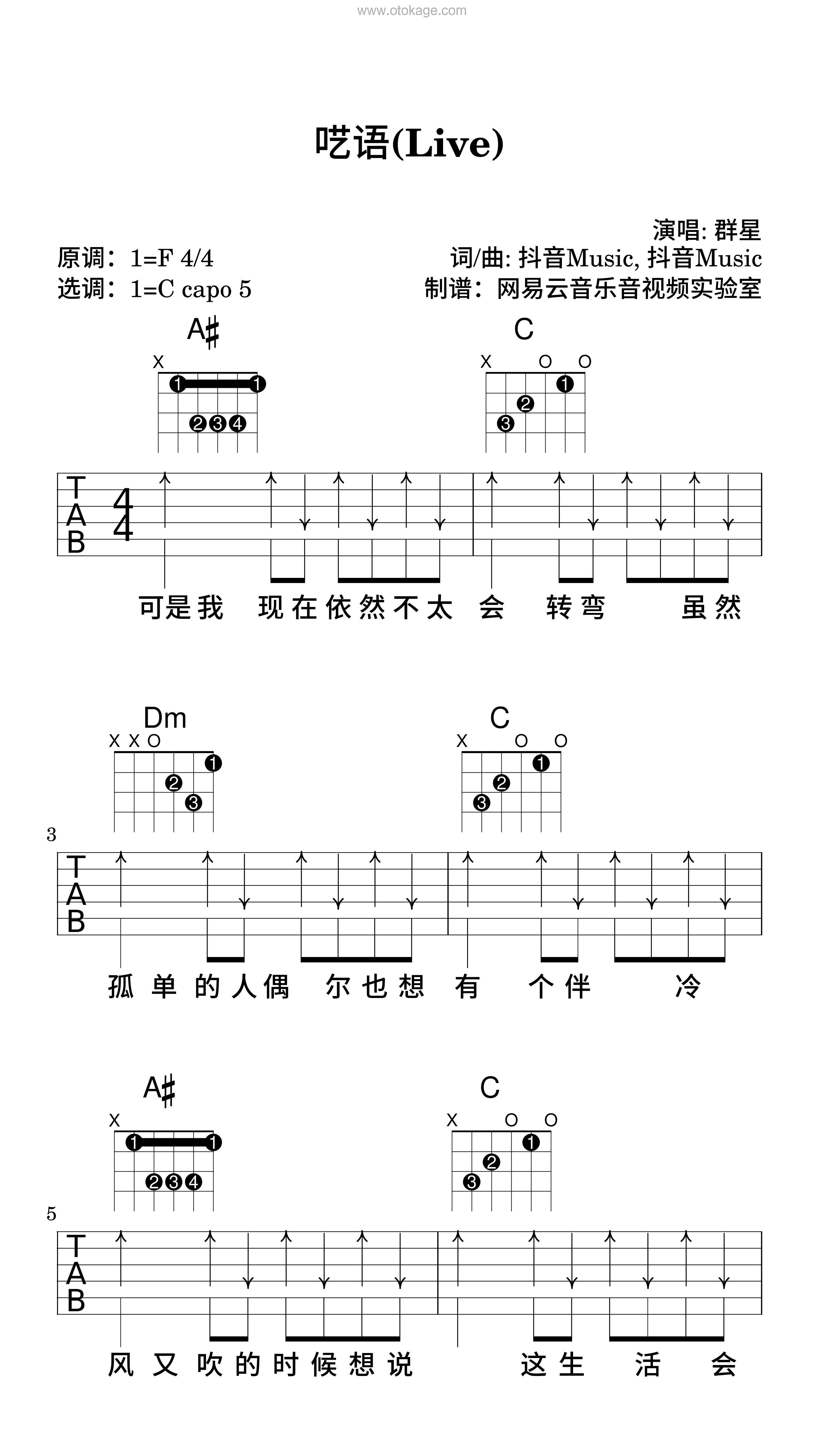 群星《呓语(Live)吉他谱》F调_完美节奏编排