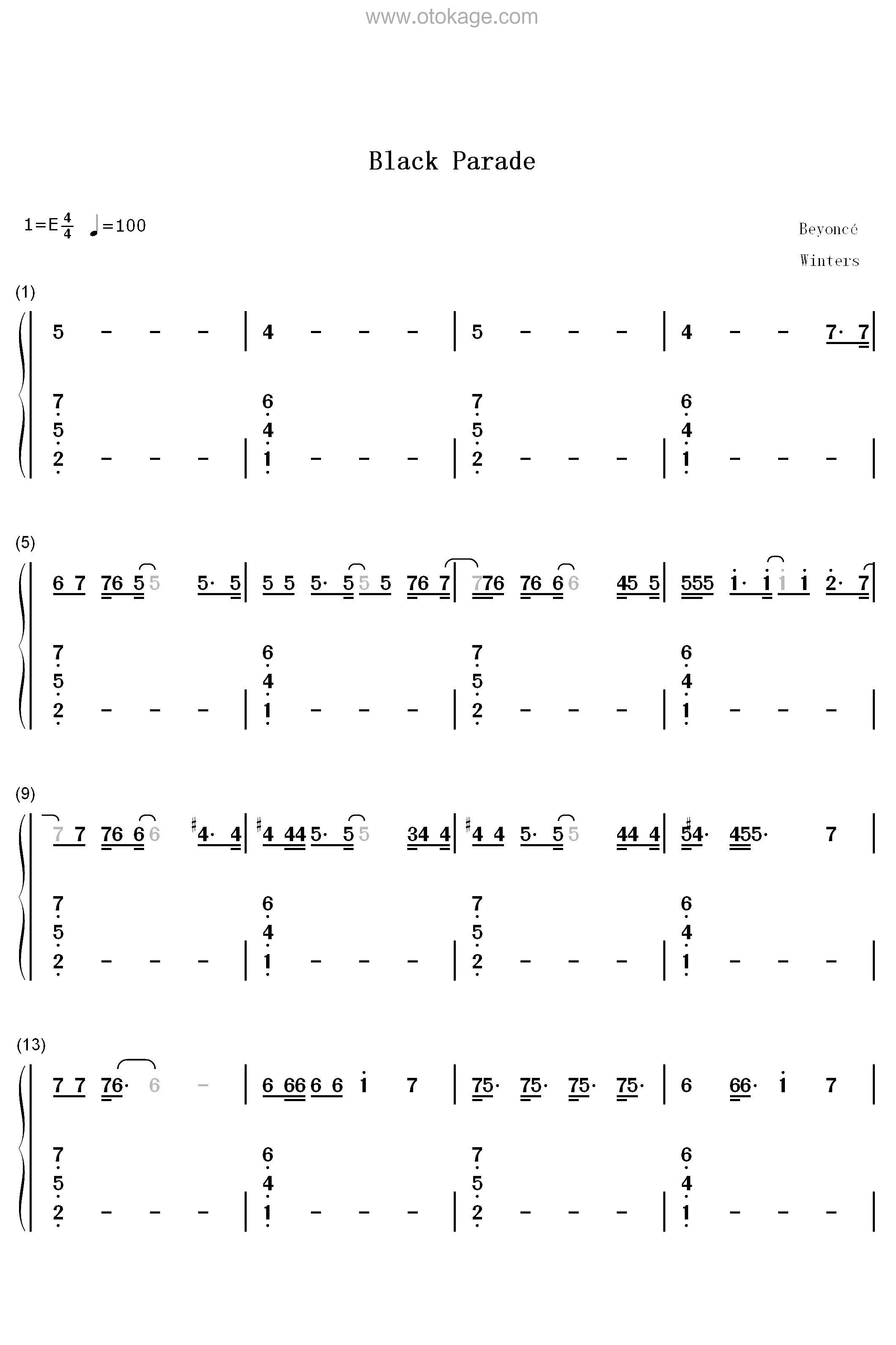 Beyoncé《BLACK PARADE钢琴谱》E调_令人难忘的和声