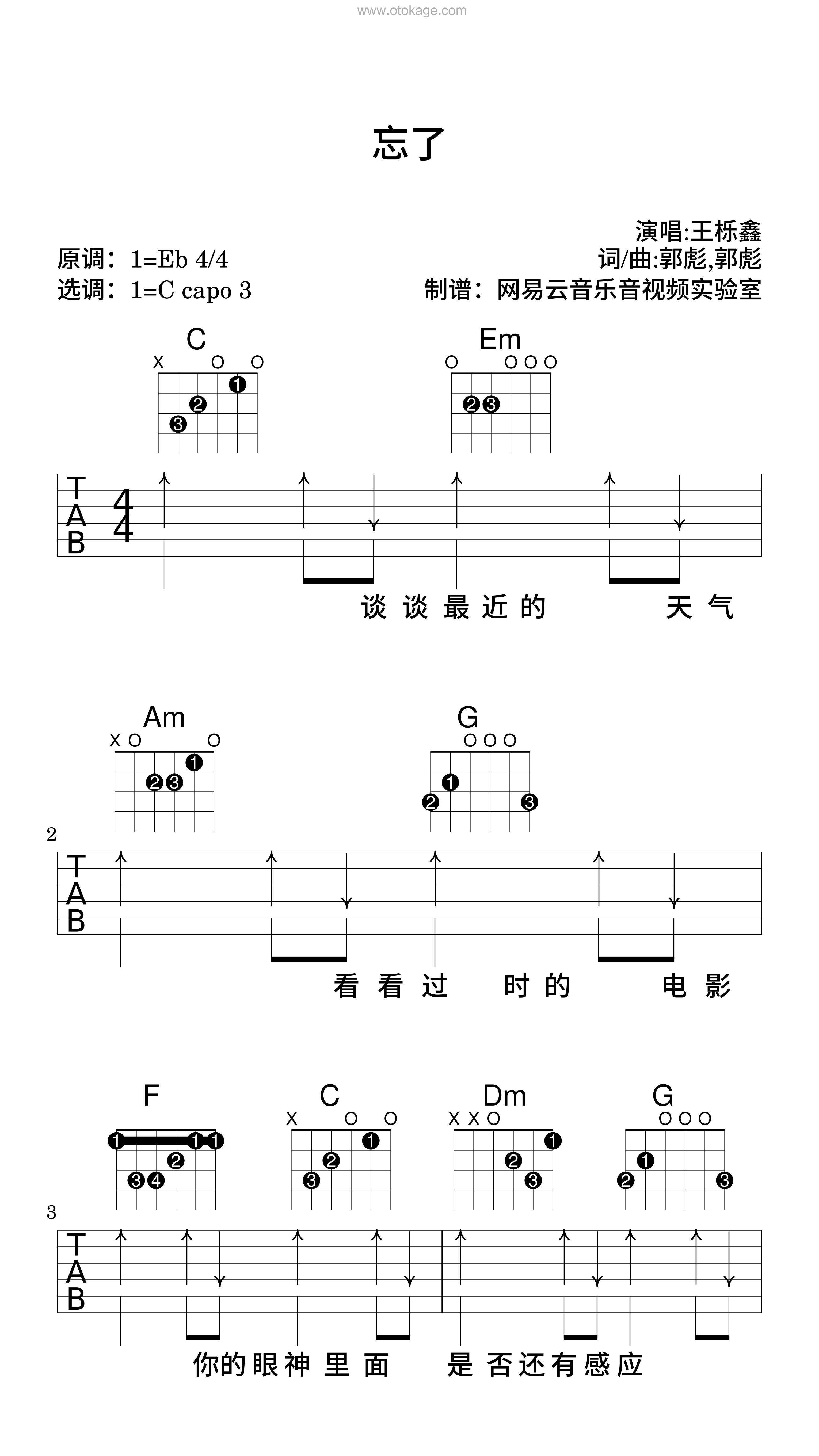 王栎鑫《忘了吉他谱》降E调_打动人心的旋律