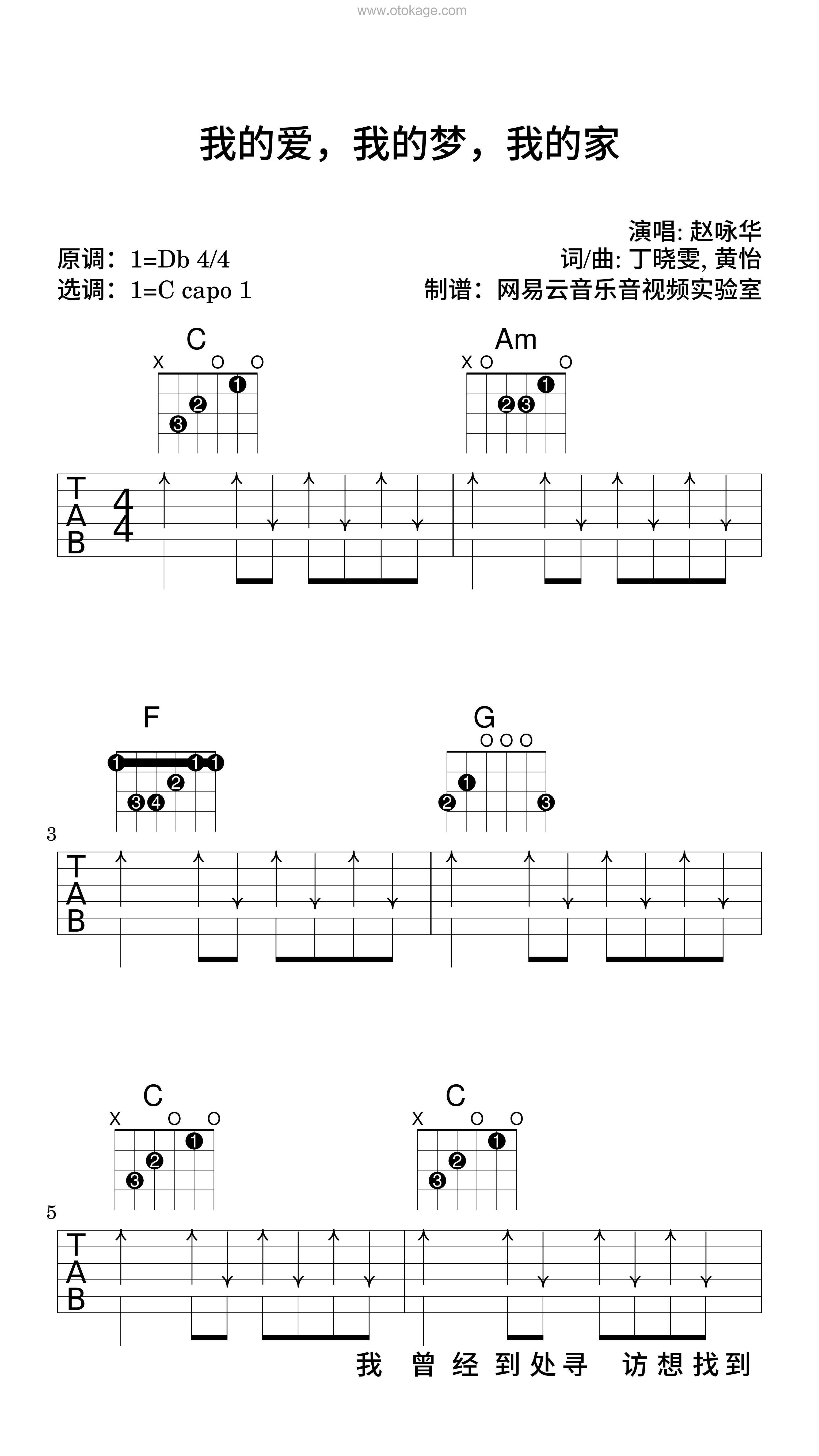 赵咏华《我的爱，我的梦，我的家吉他谱》降D调_完美的声线搭配