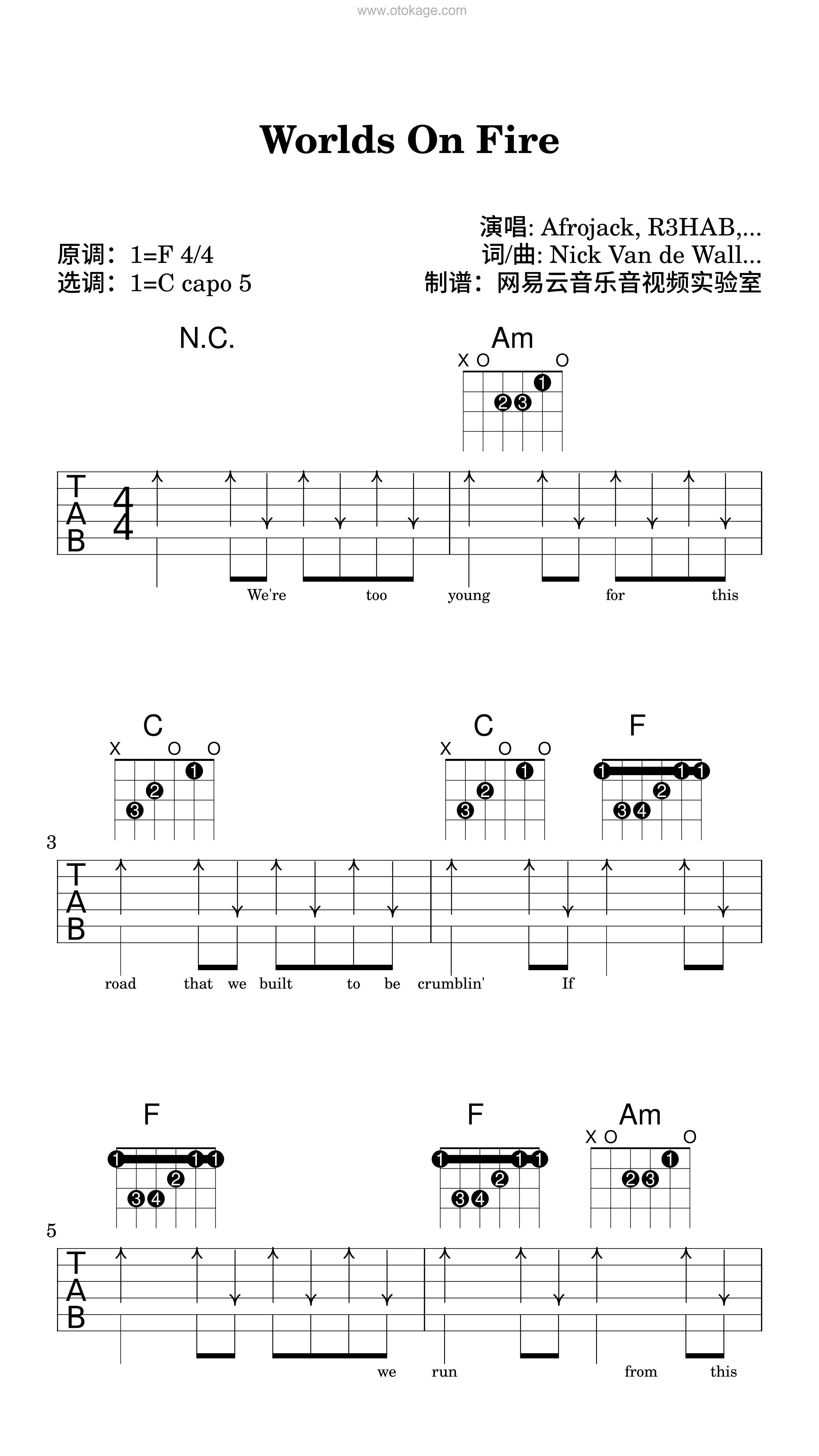 Afrojack,R3HAB《Worlds On Fire吉他谱》F调_节奏与情感交融