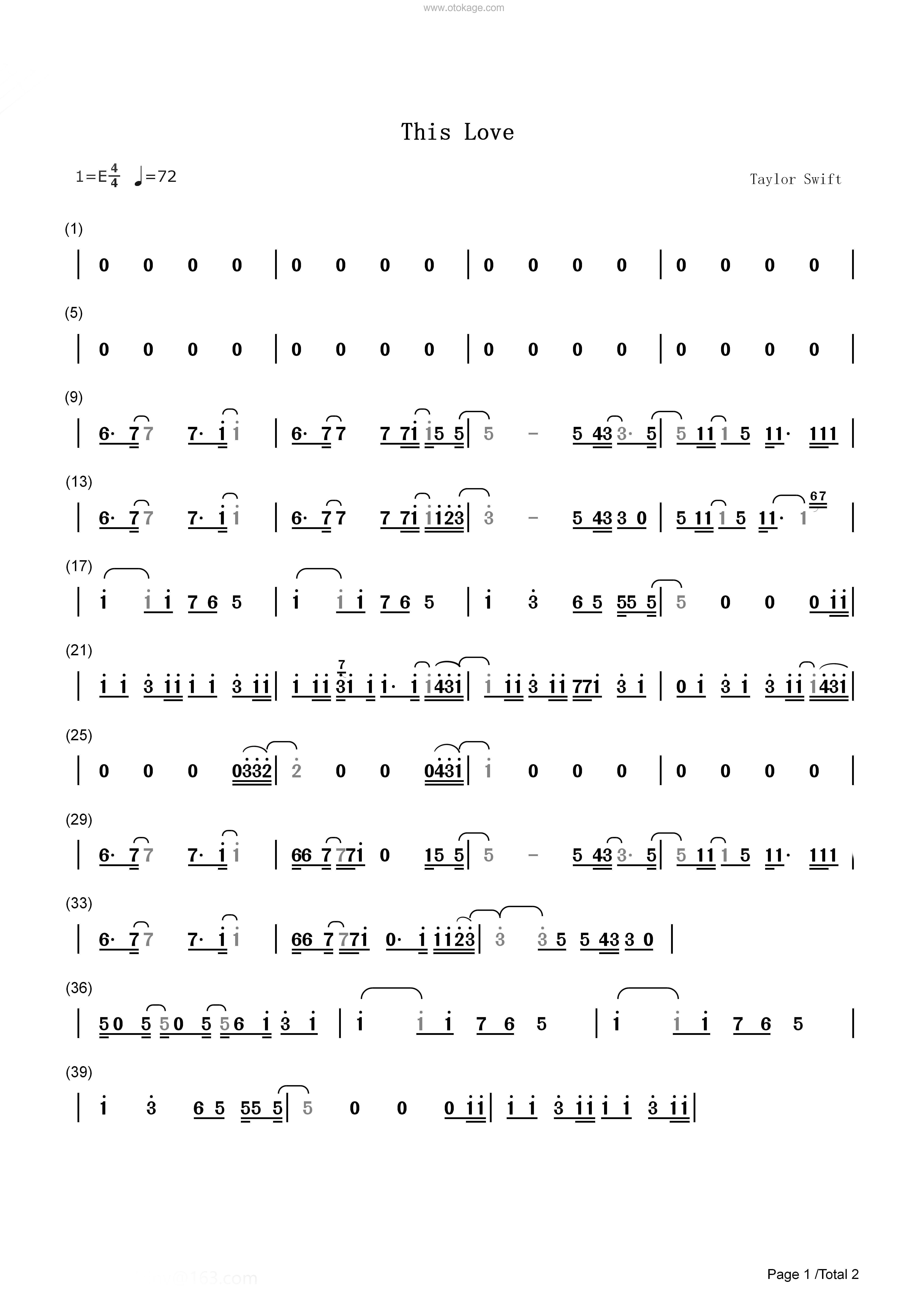 Taylor Swift《This Love人声谱》E调_音符与情感交织