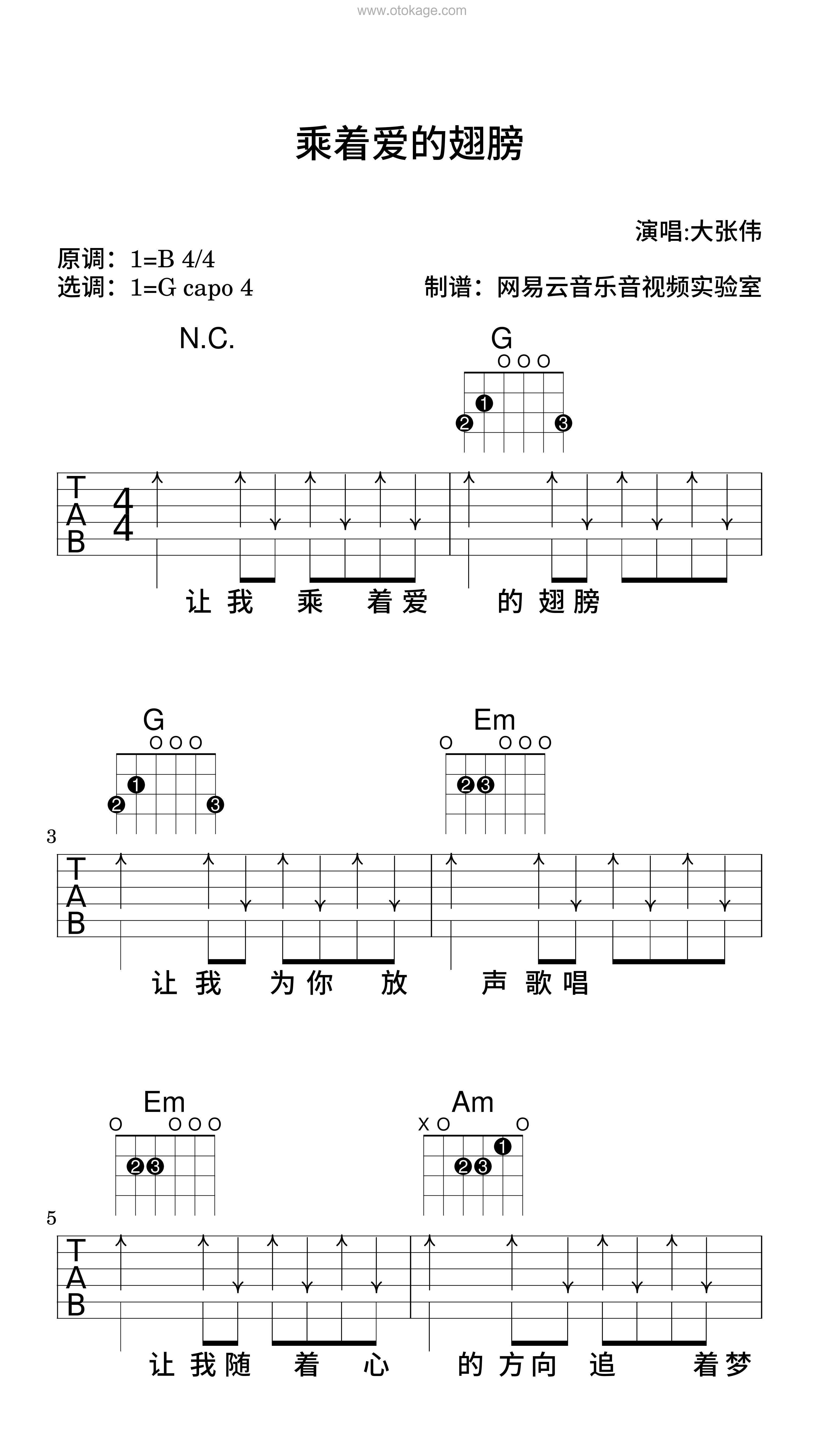 大张伟《乘着爱的翅膀吉他谱》B调_节奏轻柔优美