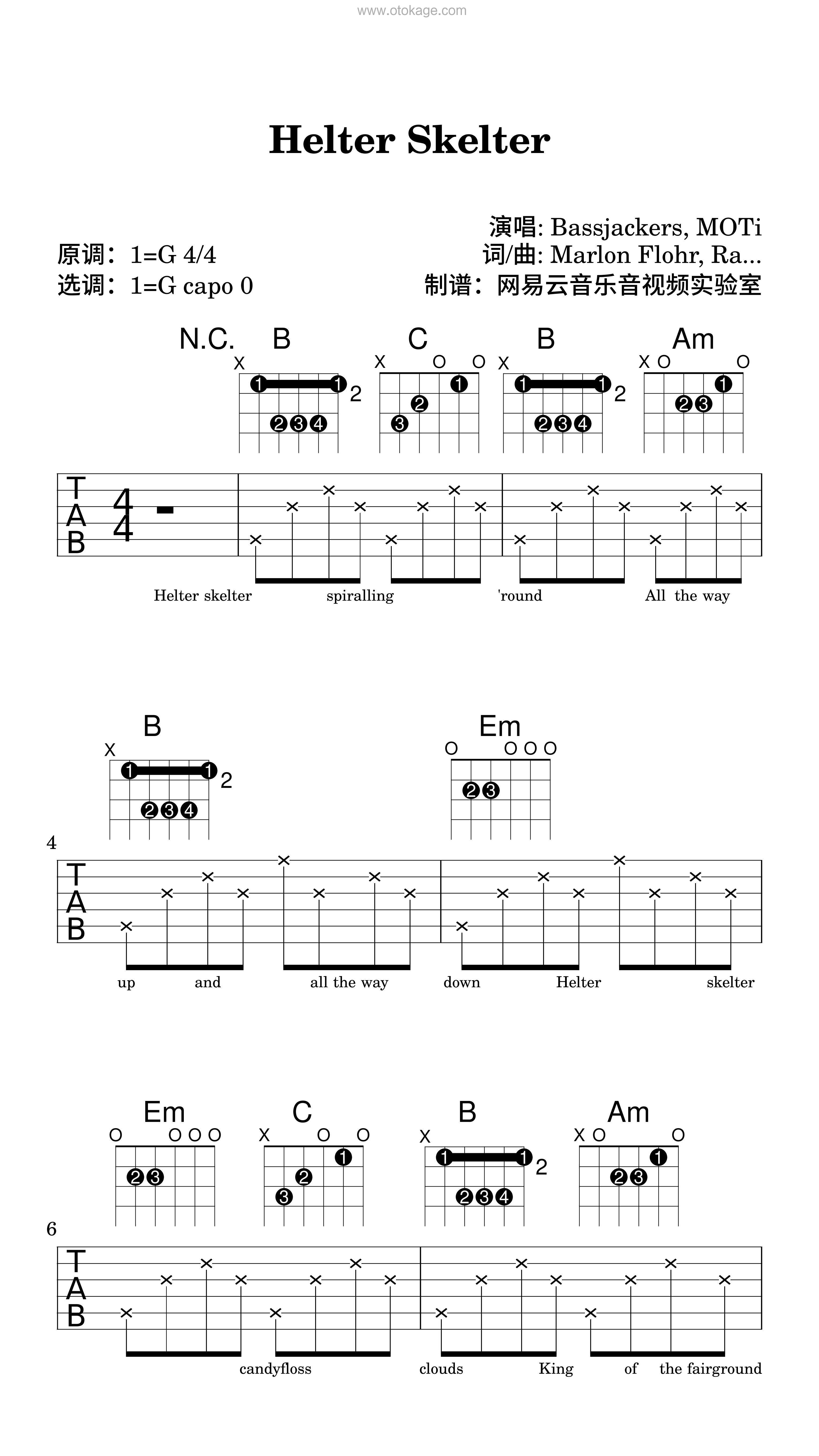 Bassjackers,MOTi《Helter Skelter吉他谱》G调_节奏感强而轻盈