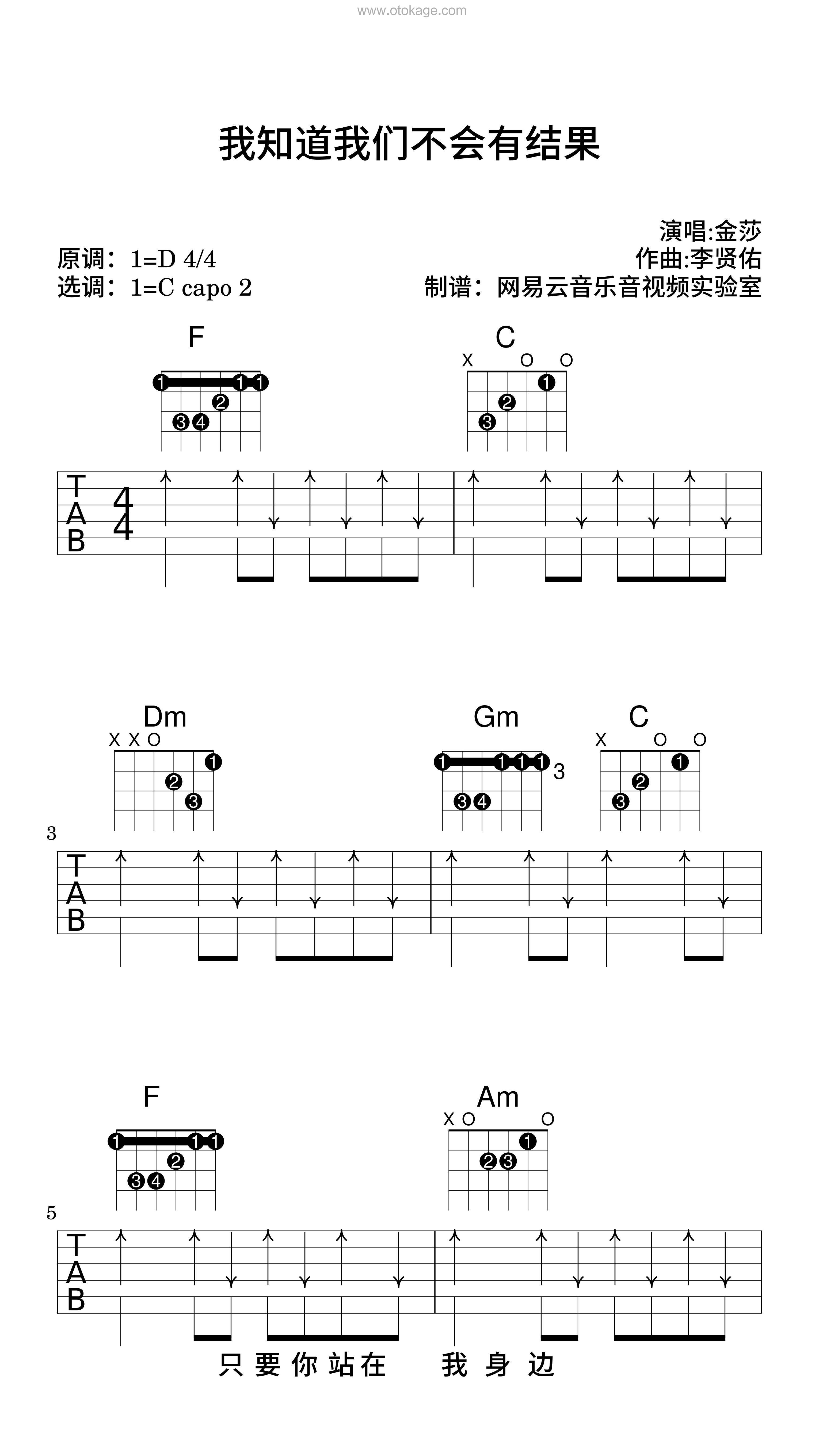 金莎《我知道我们不会有结果吉他谱》D调_完美节奏编排