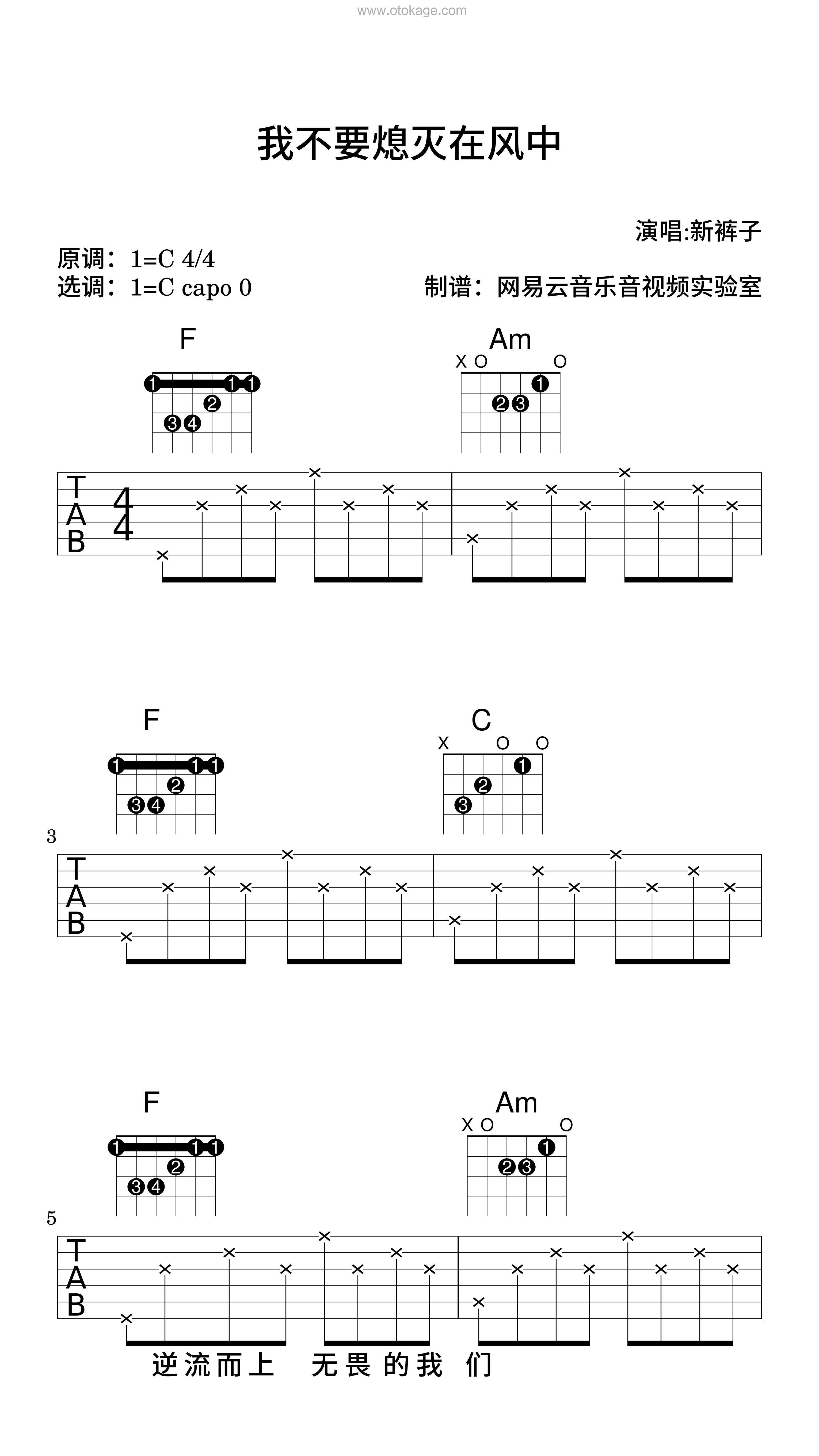 新裤子《我不要熄灭在风中吉他谱》C调_编配非常用心