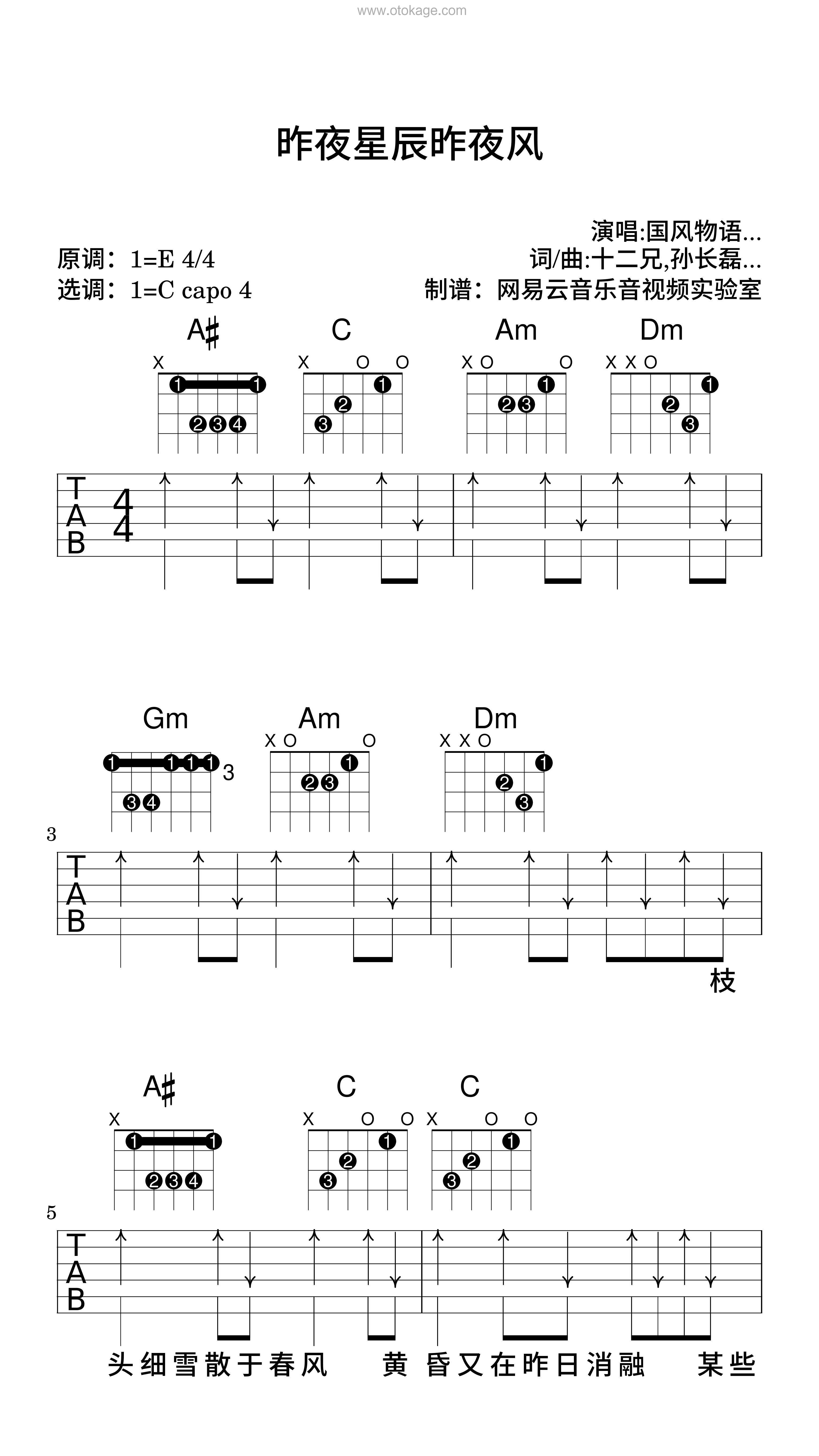 国风引力,黑崎子《昨夜星辰昨夜风吉他谱》E调_旋律轻松愉快