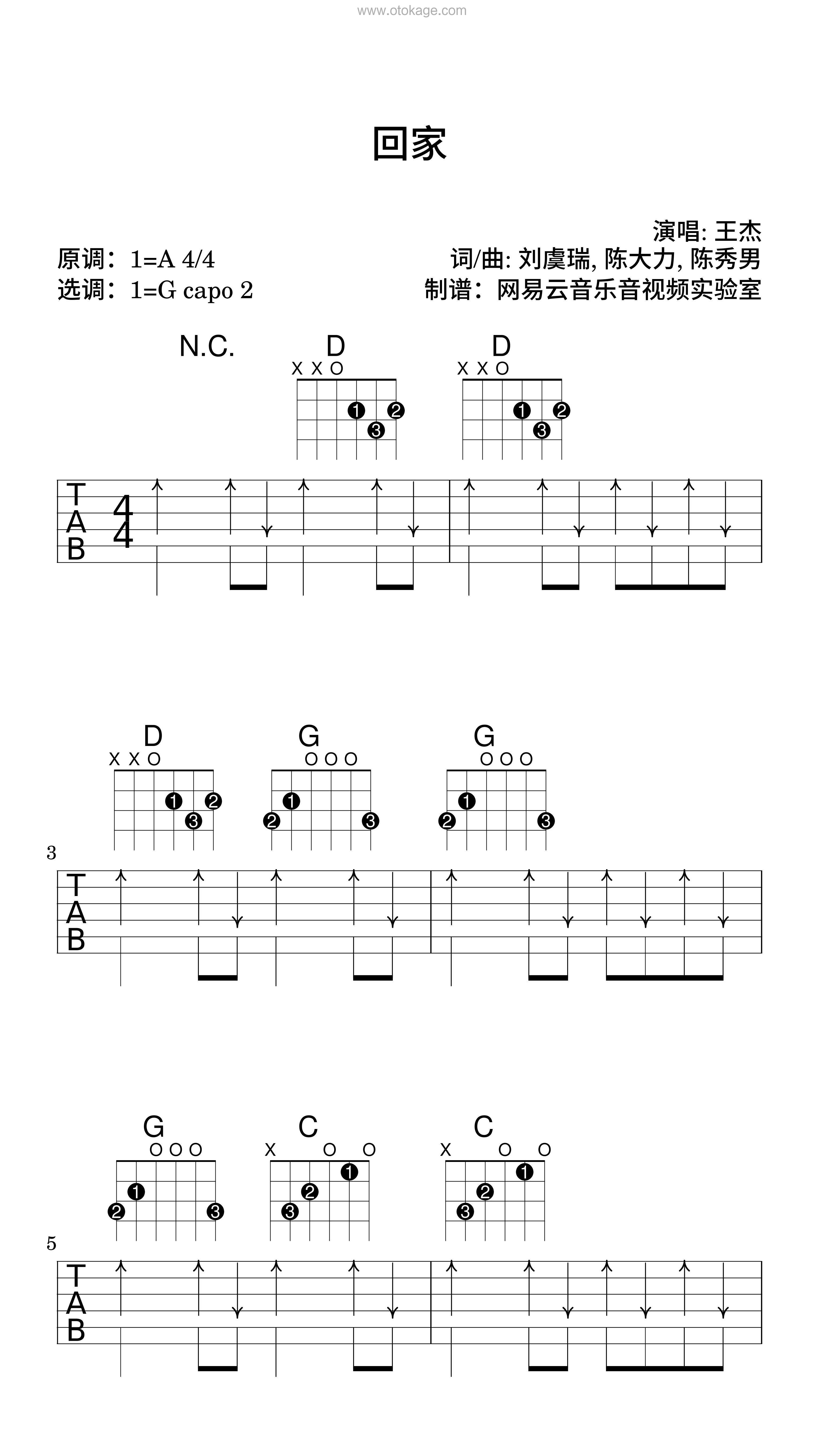 王杰《回家吉他谱》A调_简洁而不简单
