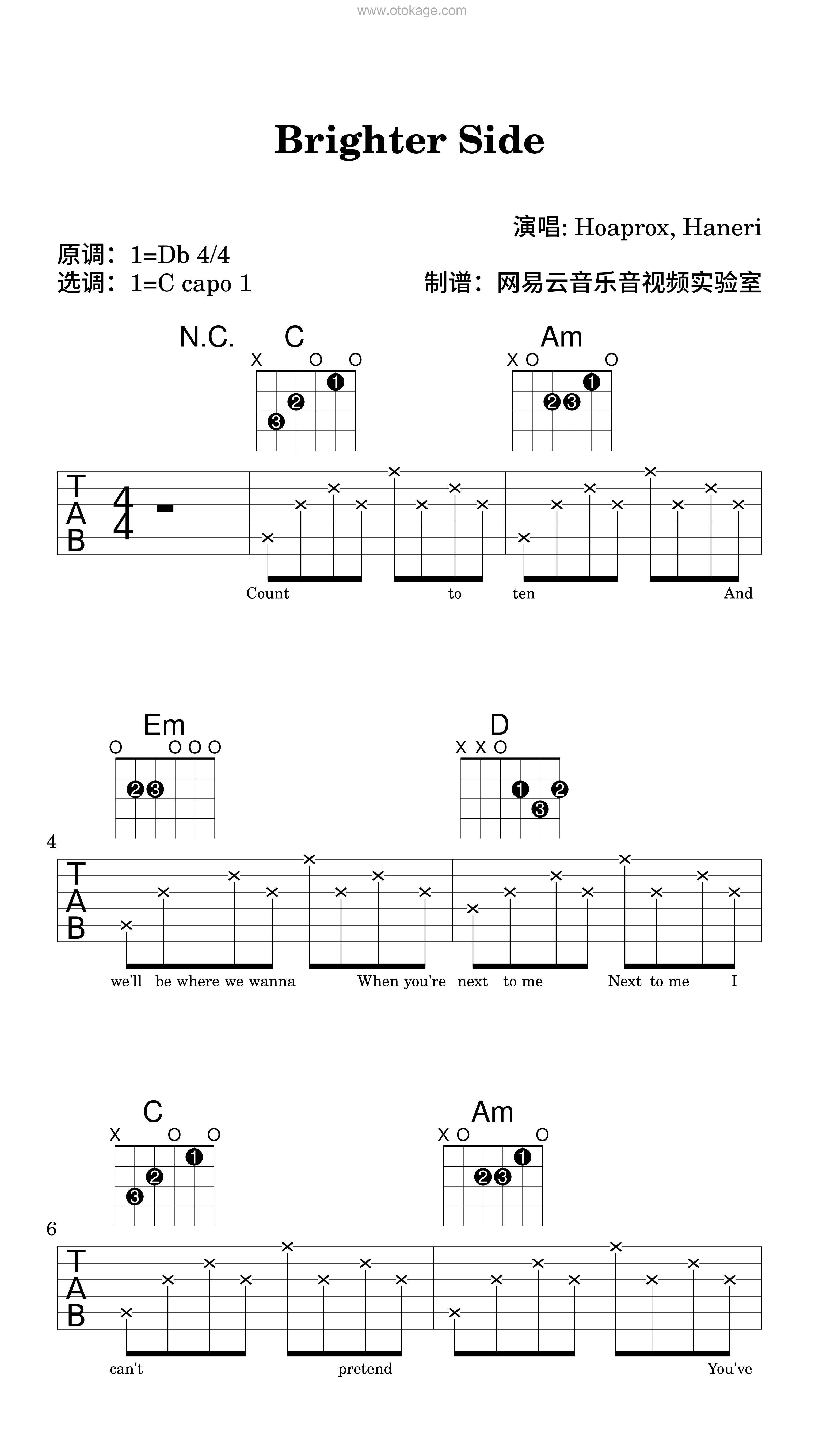 Hoaprox,Haneri《Brighter Side吉他谱》降D调_完美融合情感