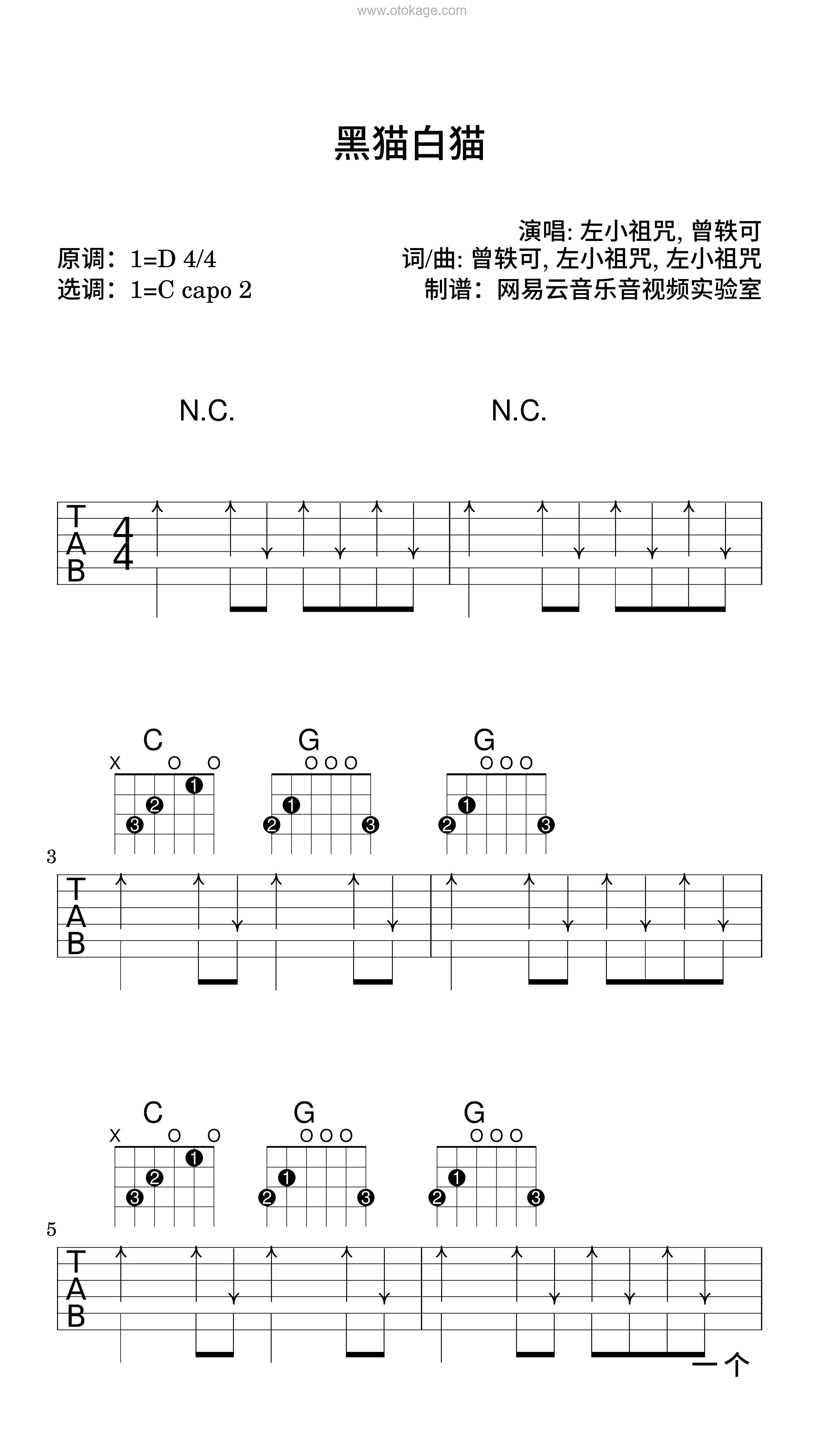 左小祖咒,曾轶可《黑猫白猫吉他谱》D调_充满诗意的编配