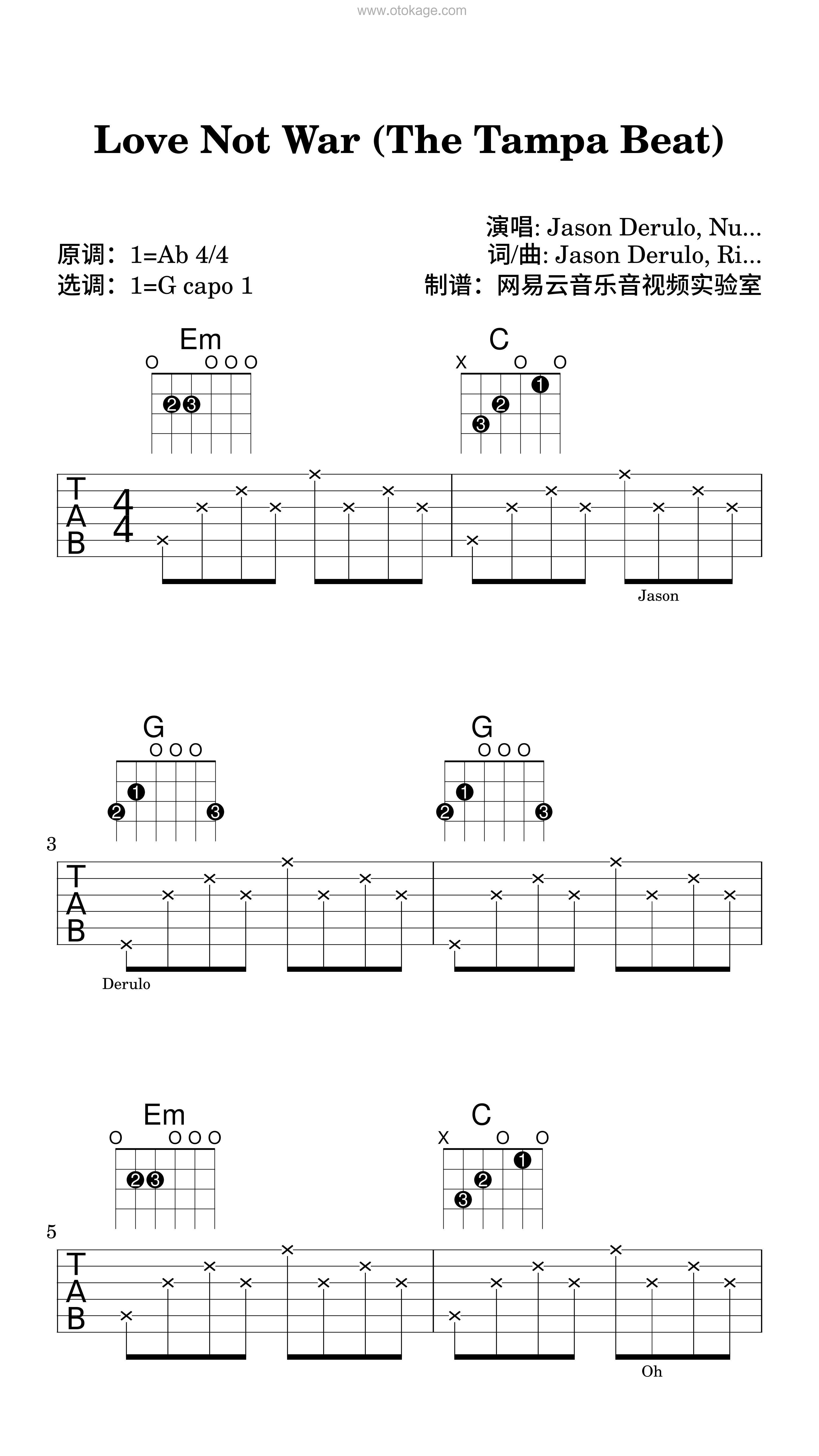 Jason Derulo,Nuka《Love Not War (The Tampa Beat)吉他谱》降A调_节奏轻快愉悦