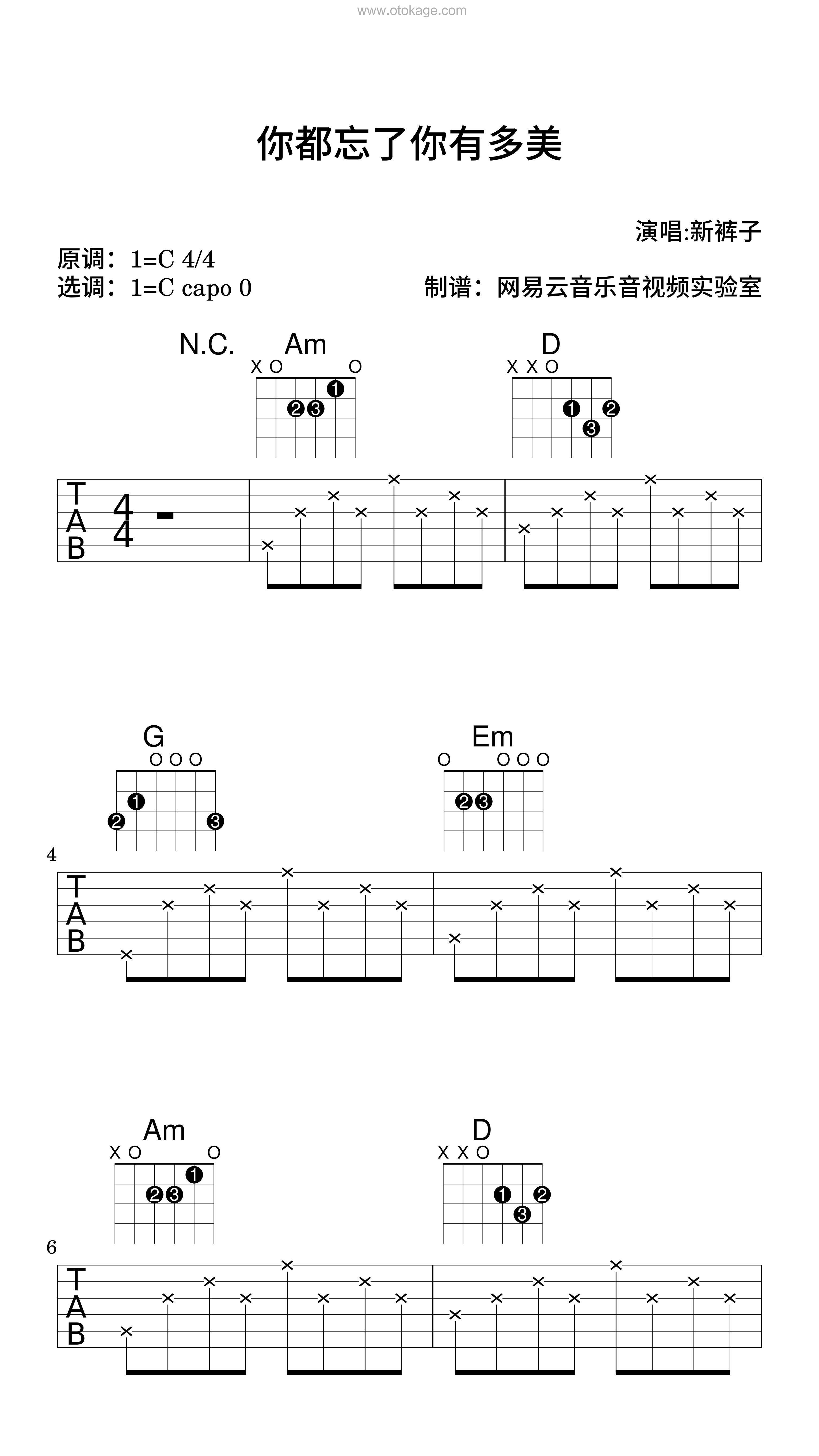 新裤子《你都忘了你有多美吉他谱》C调_旋律流畅自然
