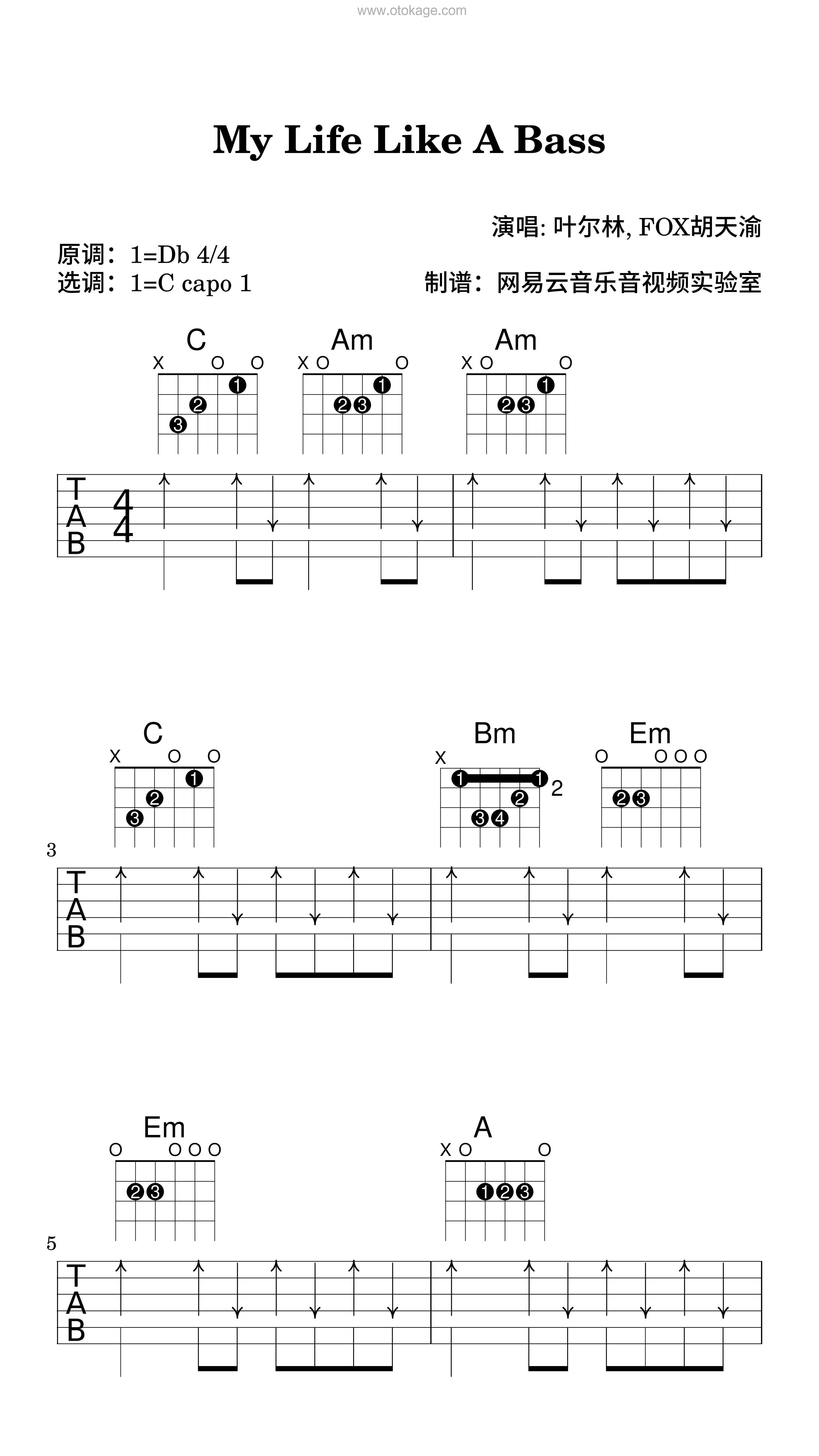 叶尔林,FOX胡天渝《My Life Like A Bass吉他谱》降D调_完美的音乐细节