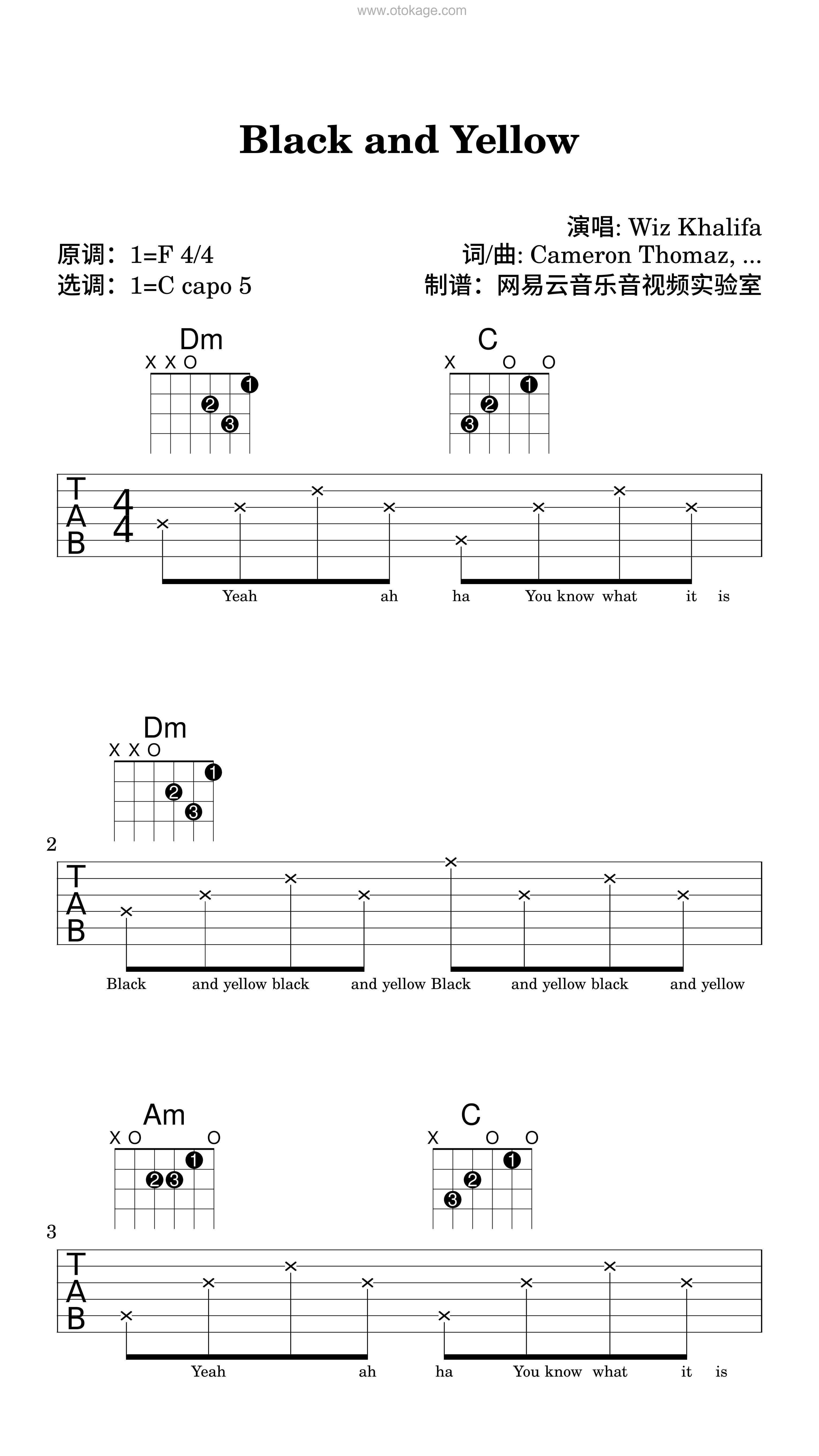 Wiz Khalifa《Black and Yellow吉他谱》F调_旋律感人至极