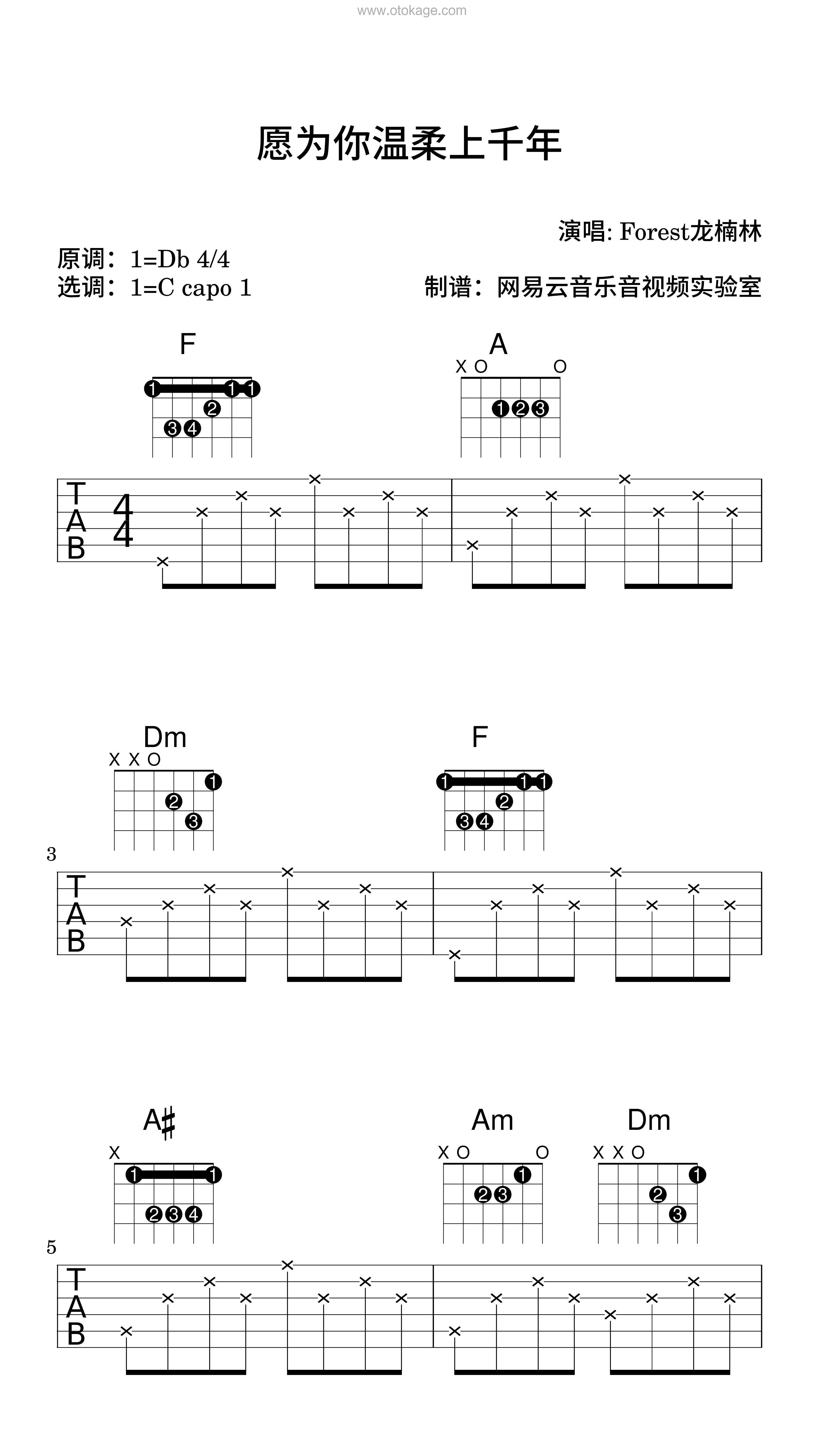 Forest龙楠林《愿为你温柔上千年吉他谱》降D调_节奏张弛有度