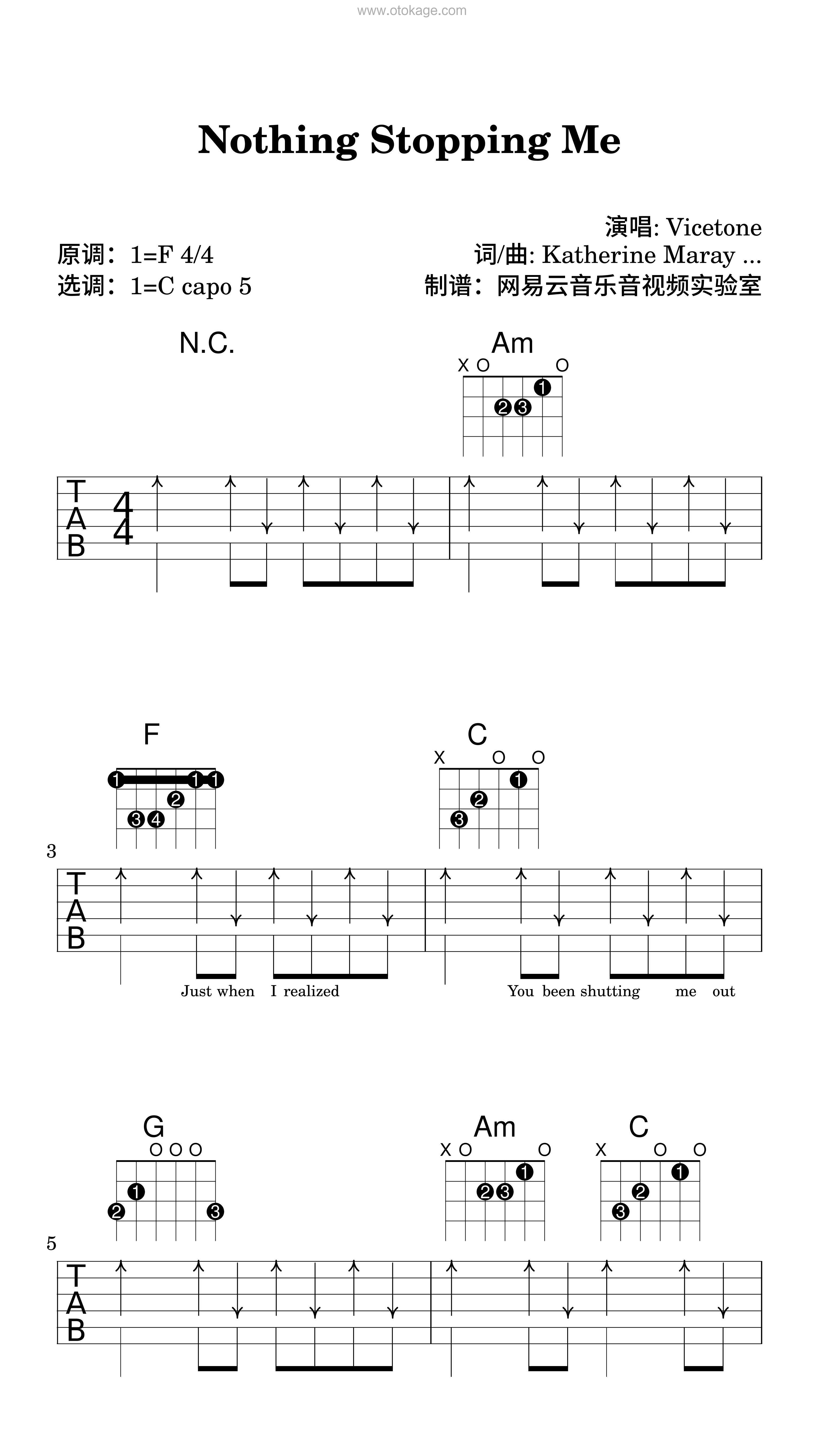 Vicetone《Nothing Stopping Me吉他谱》F调_旋律如诗如画