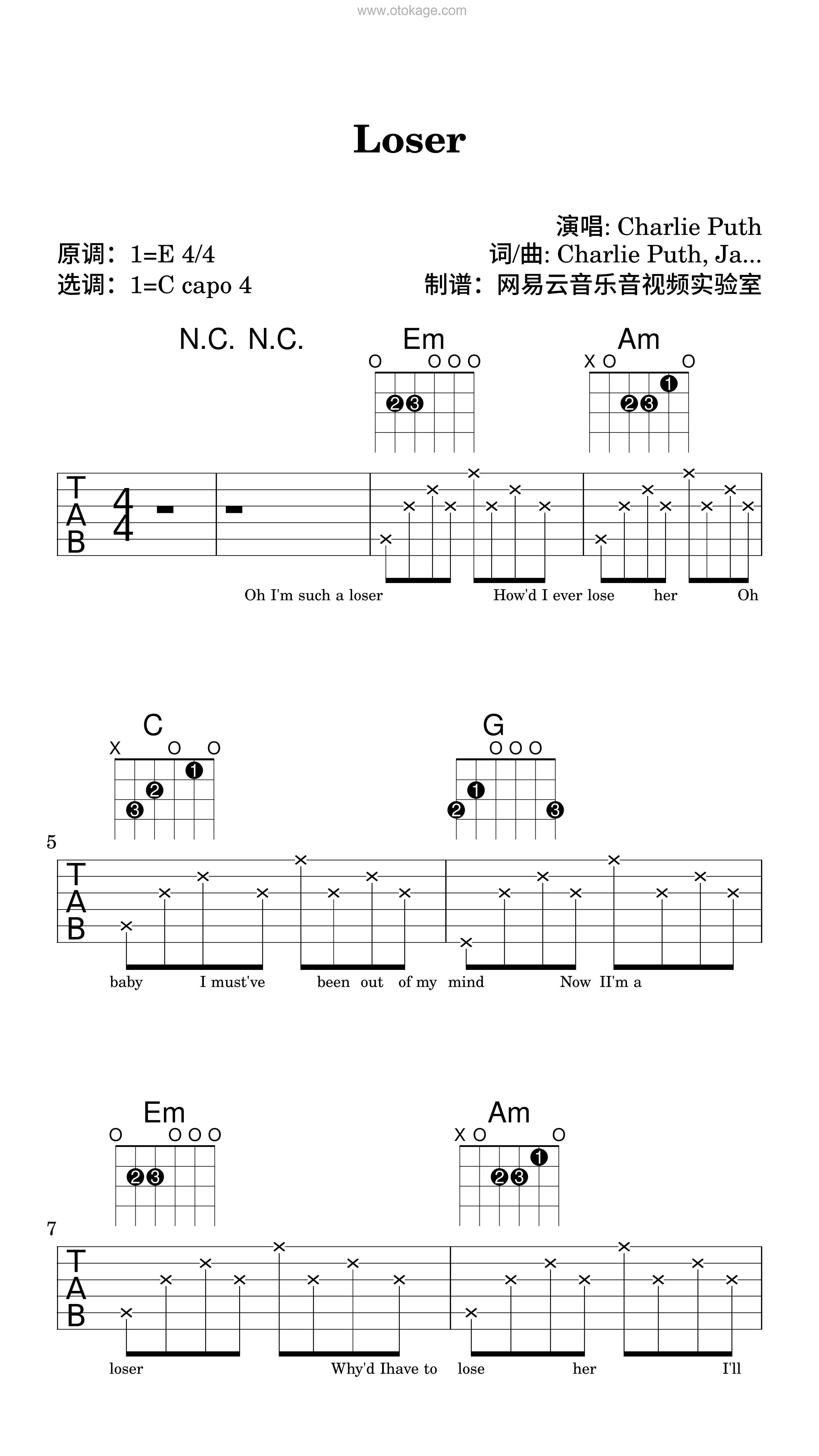Charlie Puth《Loser吉他谱》E调_旋律感人肺腑