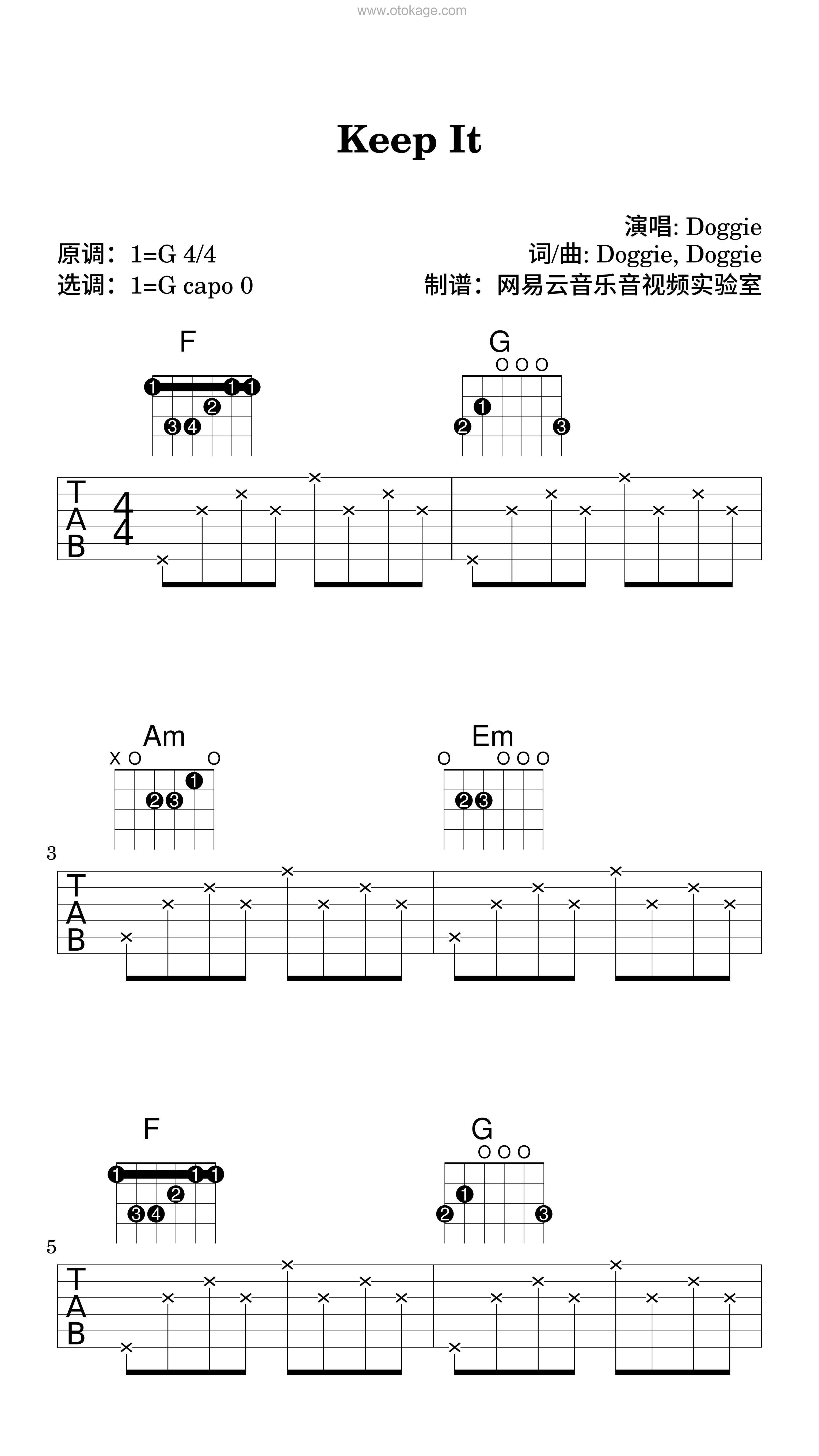 Doggie《Keep It吉他谱》G调_音符与情感交织