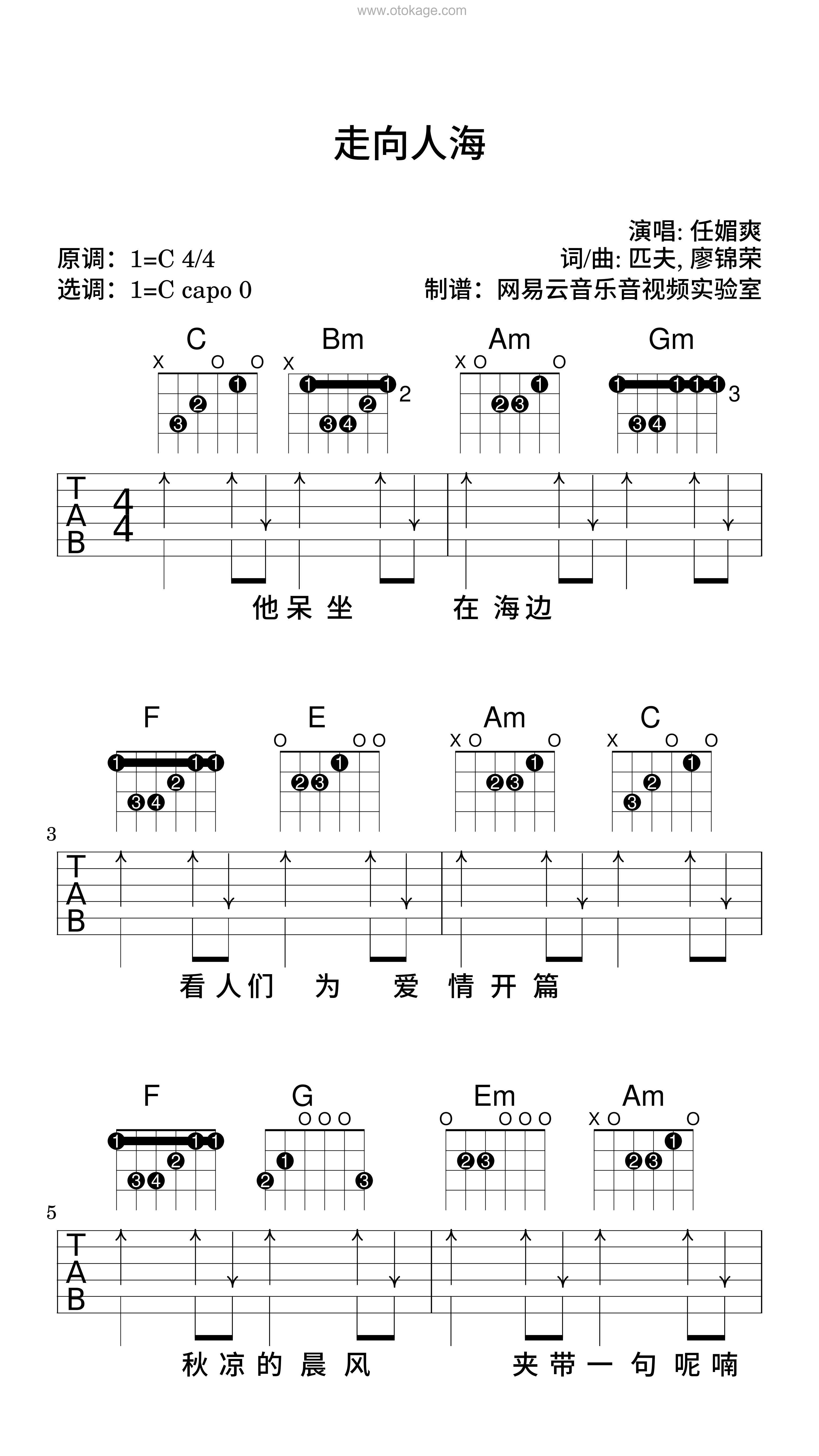 任歌飞《走向人海吉他谱》C调_节奏充满活力