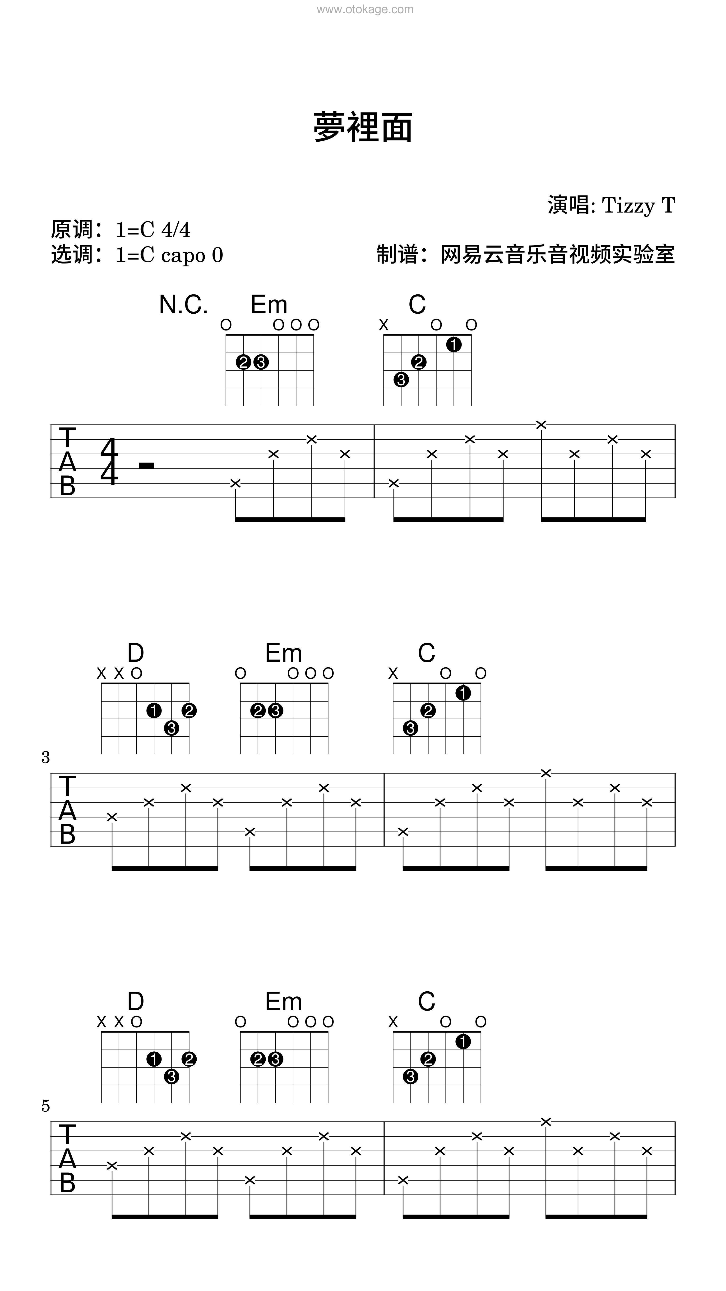 TizzyT《夢裡面吉他谱》C调_完美节奏编排