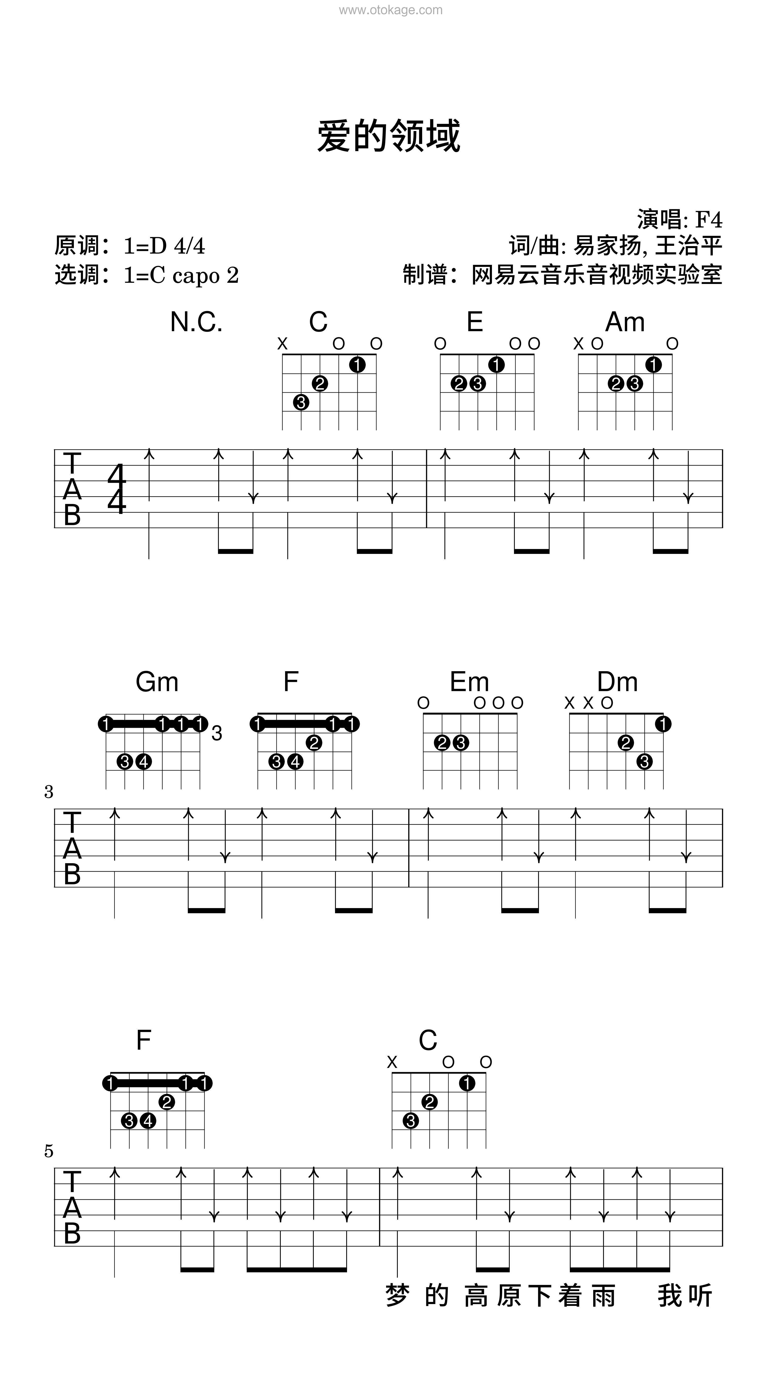 F4《爱的领域吉他谱》D调_完美旋律设计